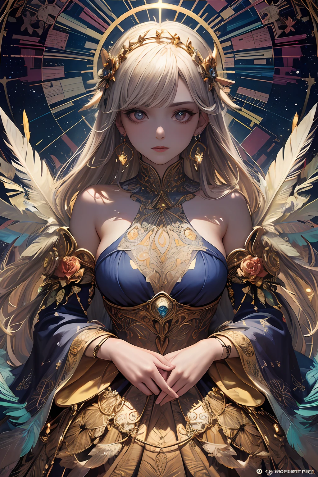 (Beautiful and magnificent space,Magnificent lunar sea island),(Intense and dramatic imagery,Stunning visuals),(The hanging North Star,Colorful natural light) A Girl，little breasts，Off Shoulder，golden hair，Colored Feathers，Metal Ornaments，colored flowers，Particles，rays of light，(masterpiece, top quality, best quality, official art, beautiful and aesthetic:1.2), (1girl:1.3), extremely detailed,(fractal art:1.1),(colorful:1.1)(flowers:1.3),highest detailed,(zentangle:1.2), (dynamic pose), (abstract background:1.3), (shiny skin), (many colors:1.4), ,(earrings:1.4), (feathers:1.4)