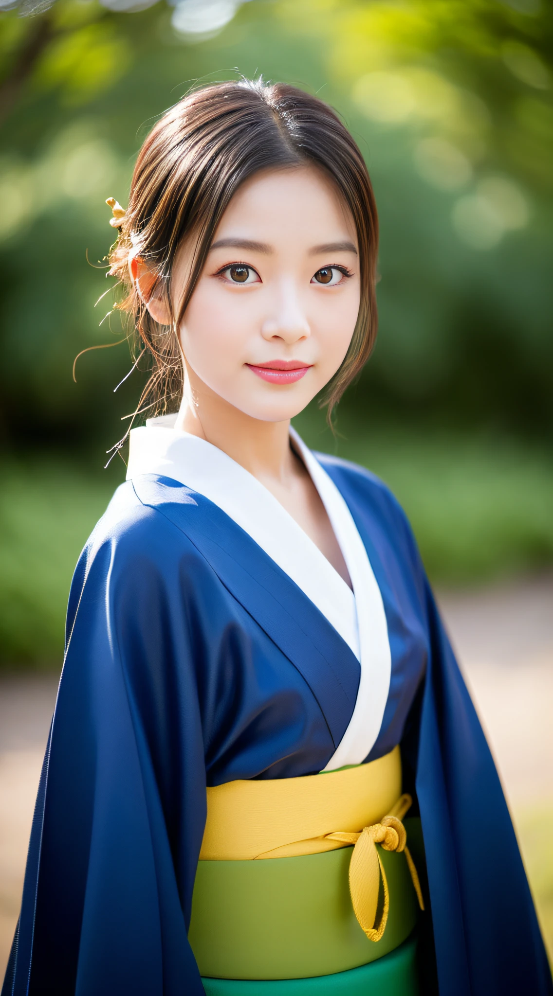 ((Top Quality, 8K, Masterpiece: 1.3)), Sharp Focus: 1.2, (Super Beautiful Face: 1.0), (Slender Abs Beauty: 1.0), (Shiny Skin: 1.0), Realistic Photography, Black Hair, Realistic Pupils, Video Lighting, High Definition Eyes and Face, Video Lighting, (Cowboy Shot: 1.3), (kimono, hakama, obi: 1.4), (Korean Cute Actress), in nature, traditional kimono, happy, Looking at the audience, head on,