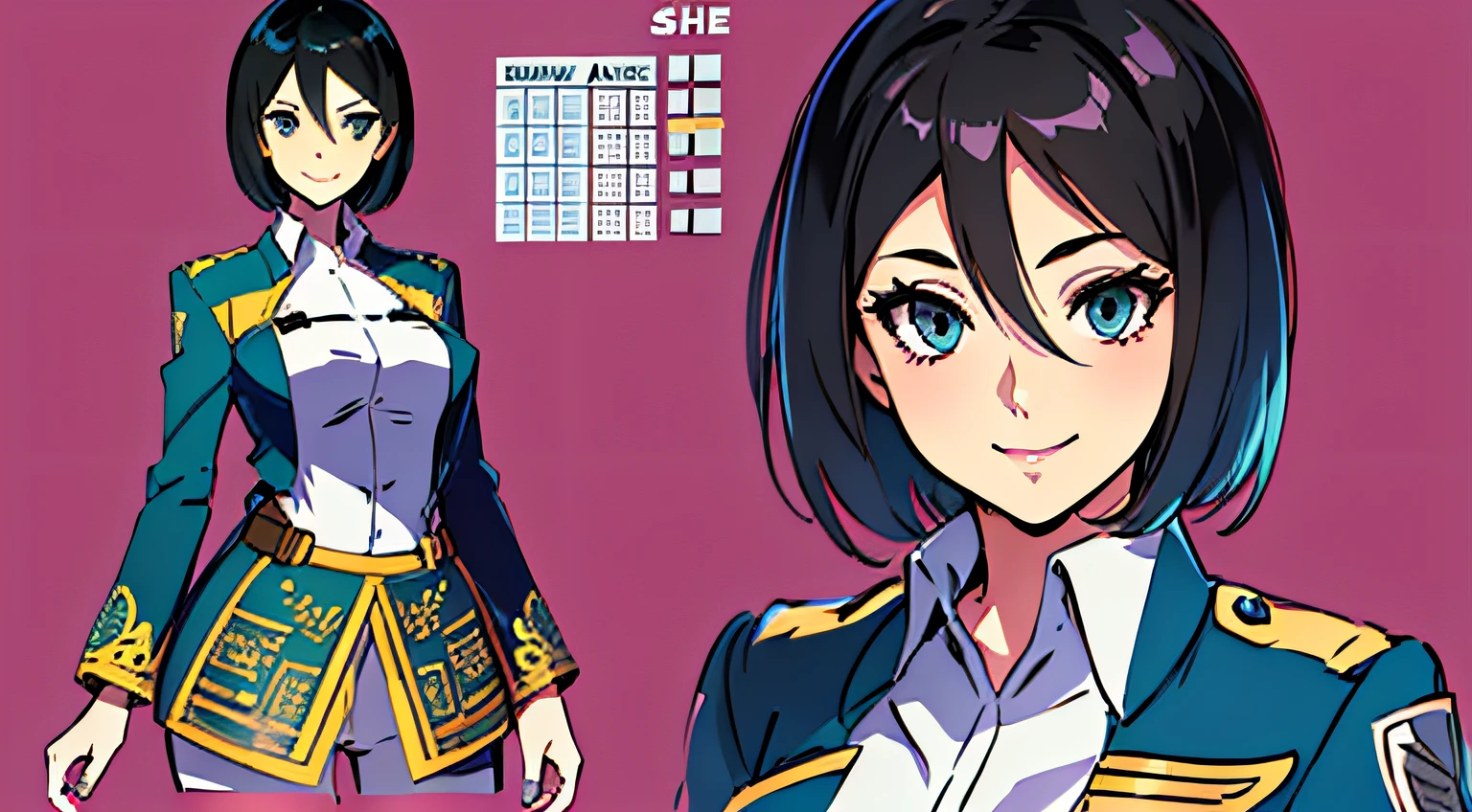 (masterpiece), ultra detailed, 8k, ((A character sheet:1.4)) or reference sketch of a a beauty gal girl who looks like Pokemon's Mai, with an uniform, she has short hair, and she smiling, with black hair, ultra realistic and sharp detail and intricate, intricate details, and style, simple background illustration, Mikasa Ackerman