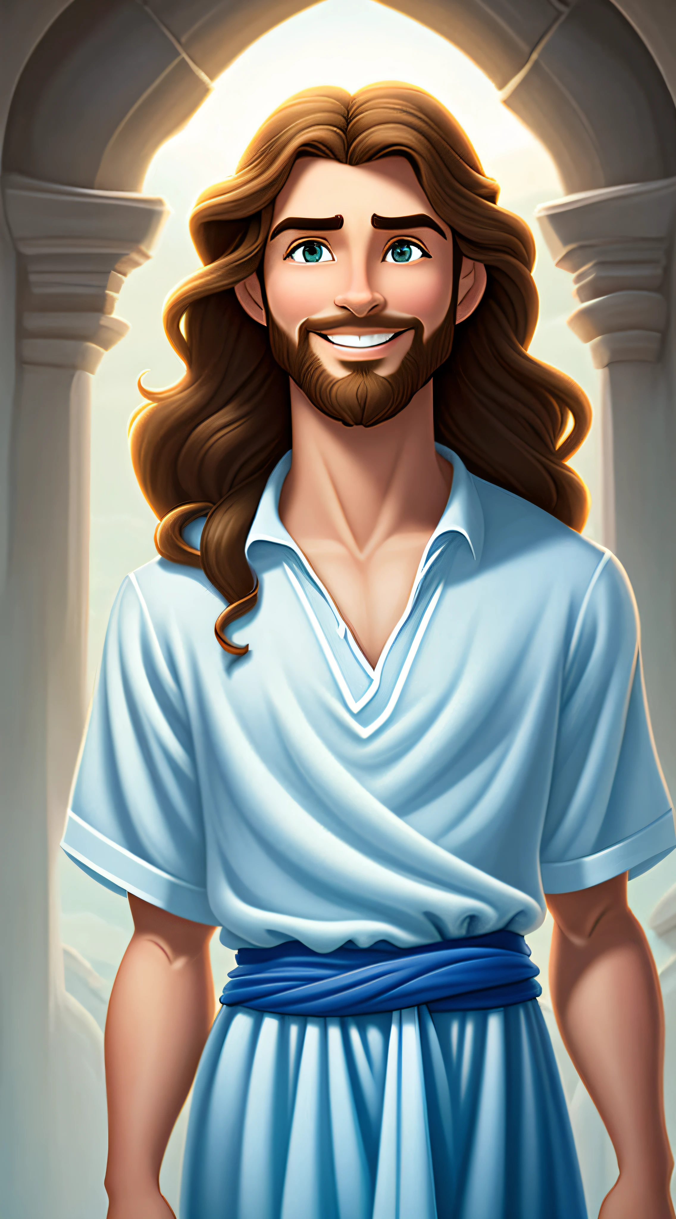 Original art quality, full body picture, Disney character animation style, young and handsome Jesus God, standing posture, hands naturally placed on both sides, looking ahead, gentle expression and smiling, eyes full of light, background light blue, translucent, with light as the theme, the focus of light is on the characters, the overall picture is fresh and bright.