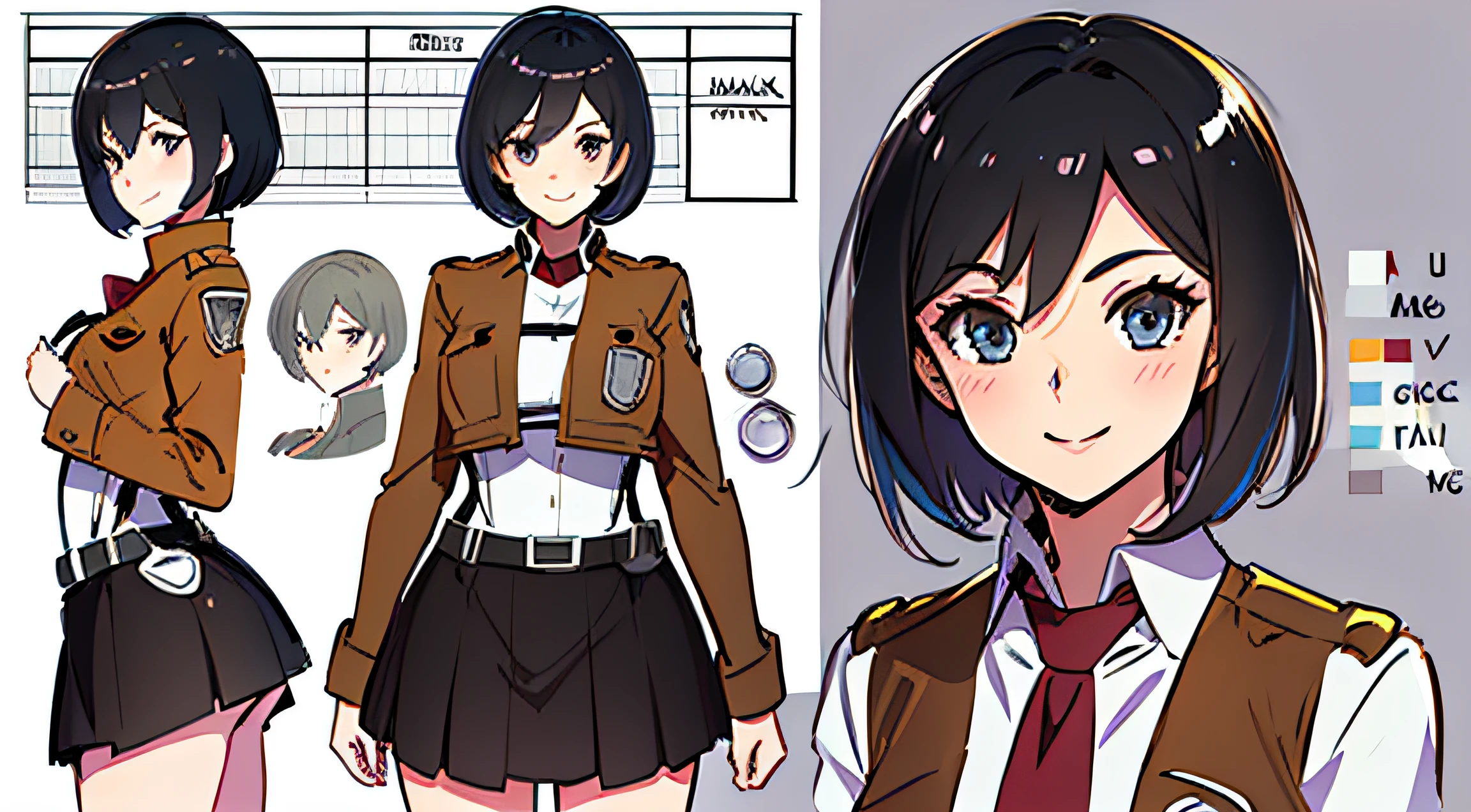 (masterpiece), ultra detailed, 8k, ((A character sheet:1.4)) or reference sketch of a a beauty gal girl who looks like Pokemon's Mai, with an uniform, she has short hair, and she smiling, with black hair, ultra realistic and sharp detail and intricate, intricate details, and style, simple background illustration, Mikasa Ackerman