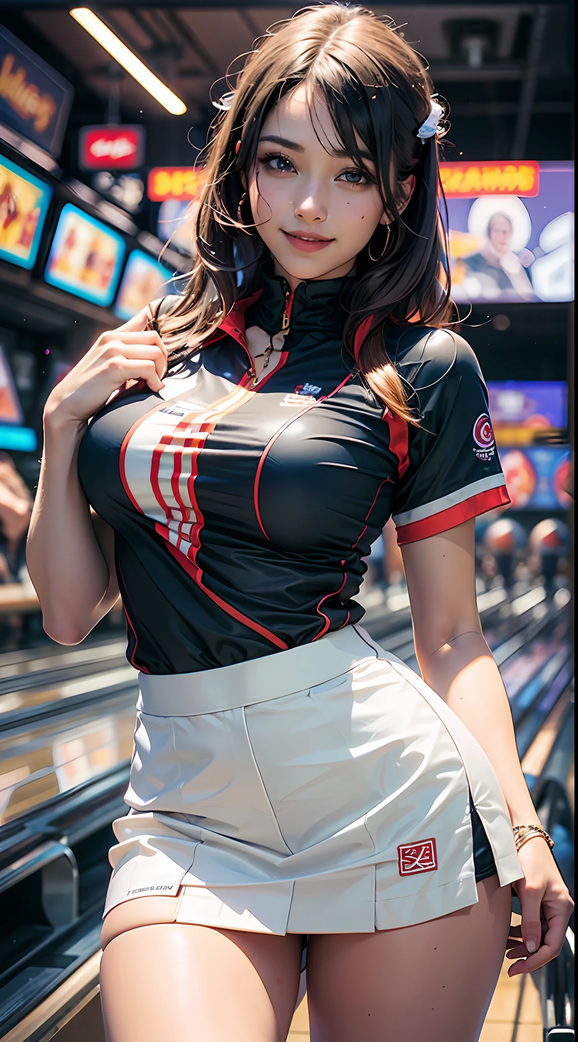 ((sthe highest qualit、8k、Master peace、:1.3))、(Realistic、、、、、pfotorealistic:1.37)sharp、、、、-focused:1.2、Pretty woman with perfect body shape:1.4、Very detailed face and skin texture、detailed eye、Double eyelidd、beautifulface、(smileing)、medium breasted、Standing、From head to knee、Bowling alley、Stand forward on the bowling lane、Bowling Wear、skirts、Semi-long hairstyle,calm smile、5本の指 --auto --s2