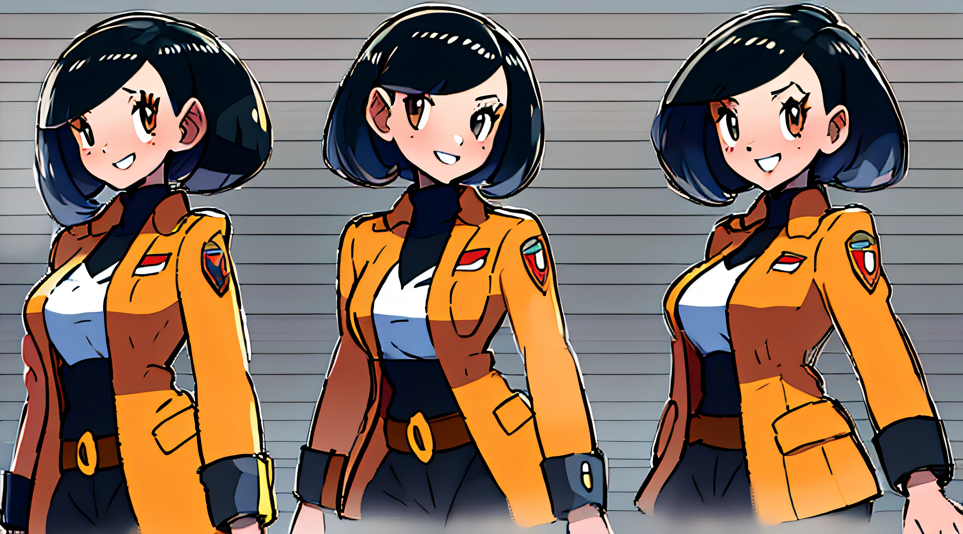 (masterpiece), ultra detailed, 8k, ((A character sheet:1.4)) or reference sketch of a a beauty gal girl who looks like Pokemon's Mai, with an uniform, she has short hair, and she smiling, with black hair, ultra realistic and sharp detail and intricate, intricate details, and style, simple background illustration,