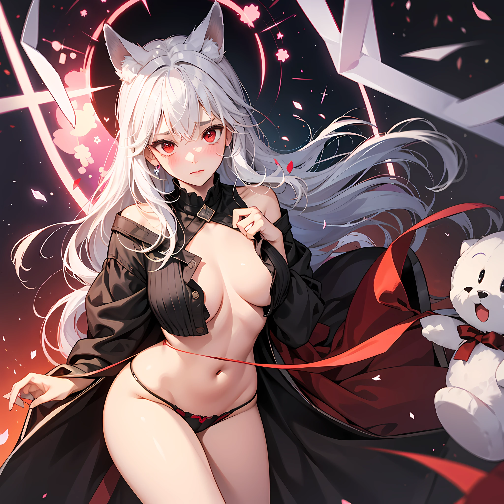 Long head and white hair，cuddly，Red Eyes，Chest leakage，not wearing panties，Ears are lowered，blushed，vaginal discharge --auto