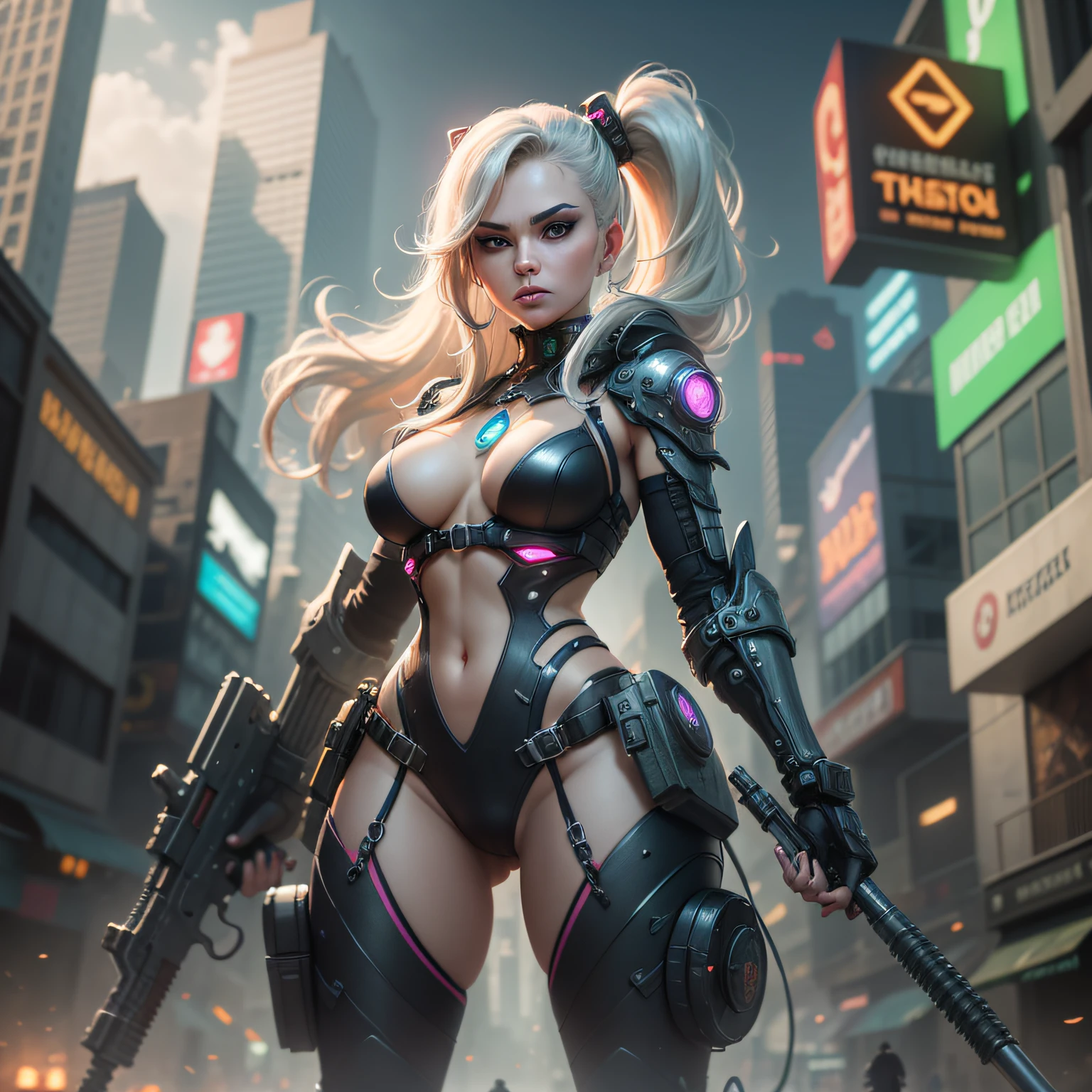 Welcome to a world of realism and fantasy, where beauty and technology meet in a masterpiece of the game. Inspired by artists like Phil Koch and Joseph Christian Leyendecker, this is a unique immersive experience that will transport you to the dystopian future of the Cyber Punk universe. You will find yourself in front of an impressive figure: a mature Brazilian woman, with a perfect and symmetrical face, with detailed eyes that shine with the energy of technology. Dressed in clothes from the Cyber Punk universe, she is a cybernetic warrior, with implants in her head and body that grant her incredible abilities. Armed to the teeth, she's ready to take on any challenge the night town of Cyber Punk might throw her way. With her arsenal of futuristic weapons and cybernetic abilities, she is a force to be reckoned with in a world where technology is ubiquitous. With incredible graphics that combine elements of realism and fantasy, this is a masterpiece of the game that will transport you to a world of advanced technology and relentless action. Feel the adrenaline rush as the cybernetic warrior races through the dark streets of the city, facing dangerous enemies and navigating the challenges of the futuristic world. With an engaging story and memorable characters, you'll be taken into a dystopian universe where technology is the key to survival. This is a masterpiece of the game that will challenge your skills and your imagination, providing a gaming experience like no other. Venture into this night town of Cyber Punk and discover the secrets of the cyber warrior.