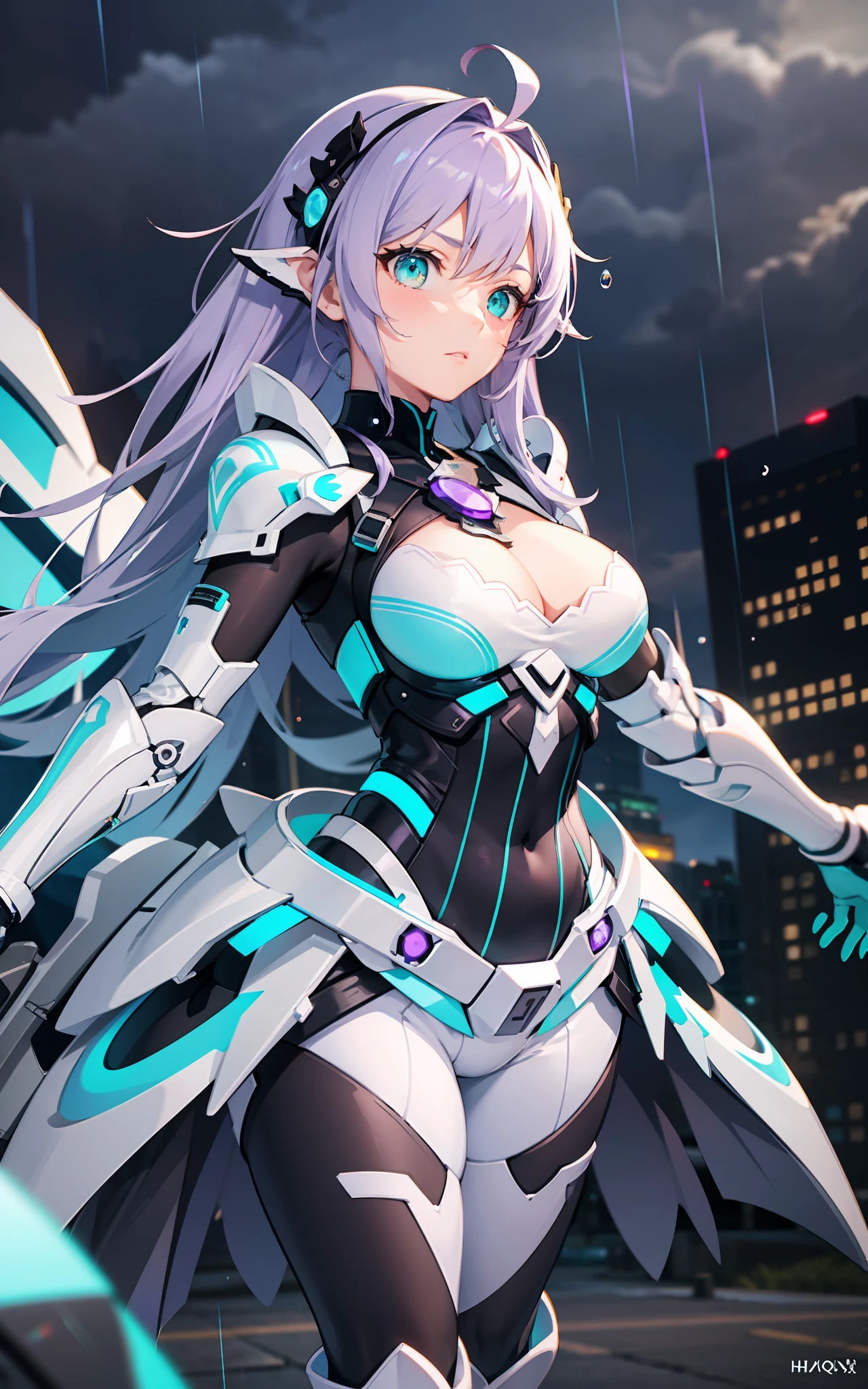 complex anime 3d render ultra detailed, (((masterpiece))), (((best quality))), ((ultra-detailed)),(3D Cartoon rendering),(from side),cinematic light,((single mechanical girl)),({best quality}),(Ultra Fine),(full detail),delicate youthful face,well_developed curves,hourglass_figure,perspective,beautiful_face,high_quality_outfits,futuristic_outfits,silght_blush,full_body,full detail face,protective outfits,Honkai_Impact,sexy,anatomical,Ray Trace;
(purple hair:1.5),indigo hair tips,violet (violet twindrills),single violet ahoge,(two long fin-shaped mechanial white and aqua hairpins,pointing upwards),one long white mechanic triangle tipped head oranment,(silver headband around forehead);(yellow and purple gradient eyes),aqua semi-transparent head mounted display,aqua frame,aqua lens;one hexagon aqua locket on breast;
Futuristic battlesuit,armored battlesuit,combat ready,covering all body,fitting body curves,white armor streamlined shoulder pads,black long slender sleeves,ceramic mechanic white arm bracers with aqua trims,white bracelets,black gloves,white tanktop with aqua_colored traces,black armored corset,two glowing aqua buttons on corset,aqua zipper along corset,v-shaped white waistband with four gadget holsters,aqua waistband,(white scifi armor dress,knee-length aqua edged hems),(,white and aqua-edged armor tassets),(white pantyhose) with hexagon aqua linings,silver waistband with gadget holsters,knee bracers;silver mechanic boots,heeled boots; White mechanic backpack on back;
Rainy weather,night,clouds in background,heavy rain weather,raindrop on face,clear sky in background,standing,overlooking city from midair,calm expression,vigilat gaze,stretching hands,standing,looking forwards