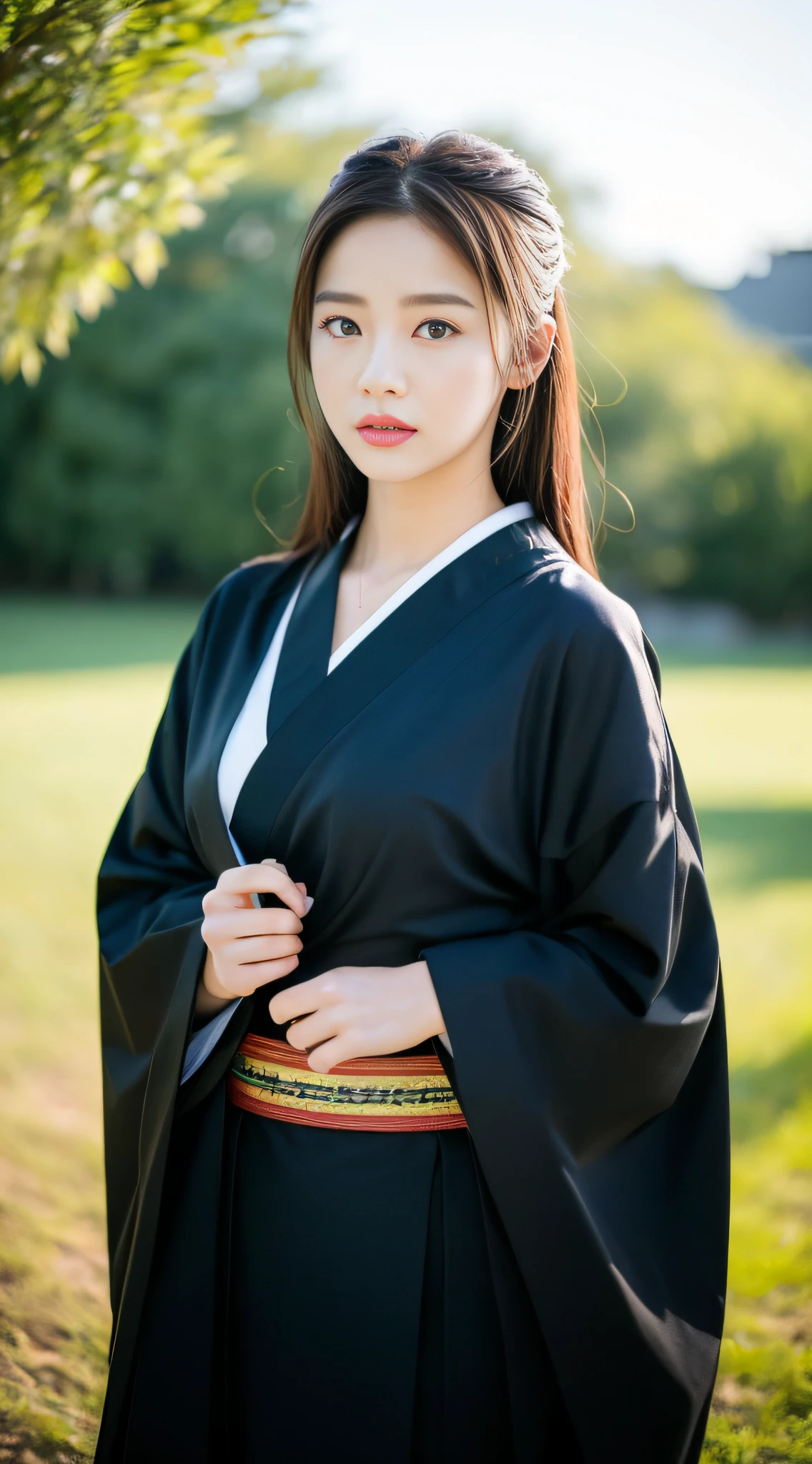 ((Best Quality, 8K, Masterpiece: 1.3)), Sharp Focus: 1.2, (Super Beautiful Face: 1.0), (Glossy Skin: 1.0), Realistic Photos, Black Hair, Realistic Pupils, Movie Lighting, Highly Detailed Eyes and Faces, Movie Lighting, (Cowboy Shot: 1.0), (Kimono, Hakama, Obi: 1.3), In Nature, (Korean Cute Actress)