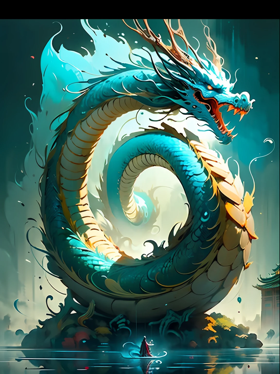 the best quality t，master masterpiece，super high res，without humans，（longo：1.2），Eastern dragon，east asian architecture，heavens，archiCGI，out door，yun，sky，yama，Open Mouth，a blue sky，teeth，scaly，sharp teeth，angular，bioluminescence，fang，SHU，Luminous Eyes，Pagodas，landscape，（realistic Textures：1.2），（Glowing multicolored scales：1.2），（detalhes realistas：1.2），（[front side|Lateral face]：1.1），hdr，超精致的3D建模，Like Tim Burton、Dale Chihuli、Xiaolongcheng、Cyril Rolando and other authors such as Jr. Giger's style paintings are just as magical。Shadows and lighting are intertwined，Produces brilliant results。