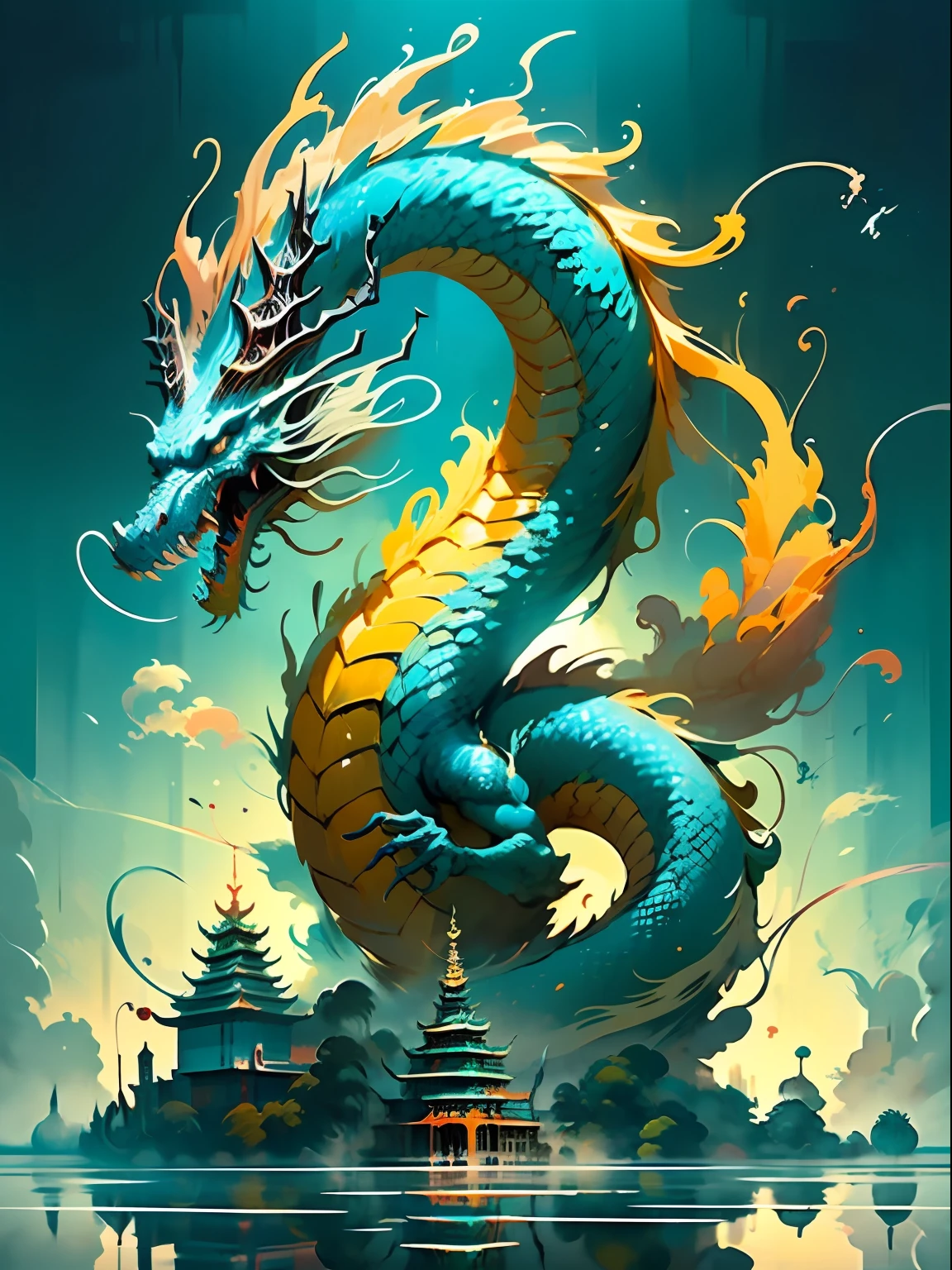 the best quality t，master masterpiece，super high res，without humans，（longo：1.2），Eastern dragon，east asian architecture，heavens，archiCGI，out door，yun，sky，yama，Open Mouth，a blue sky，teeth，scaly，sharp teeth，angular，bioluminescence，fang，SHU，Luminous Eyes，Pagodas，landscape，（realistic Textures：1.2），（Glowing multicolored scales：1.2），（detalhes realistas：1.2），（[front side|Lateral face]：1.1），hdr，超精致的3D建模，Like Tim Burton、Dale Chihuli、Xiaolongcheng、Cyril Rolando and other authors such as Jr. Giger's style paintings are just as magical。Shadows and lighting are intertwined，Produces brilliant results。