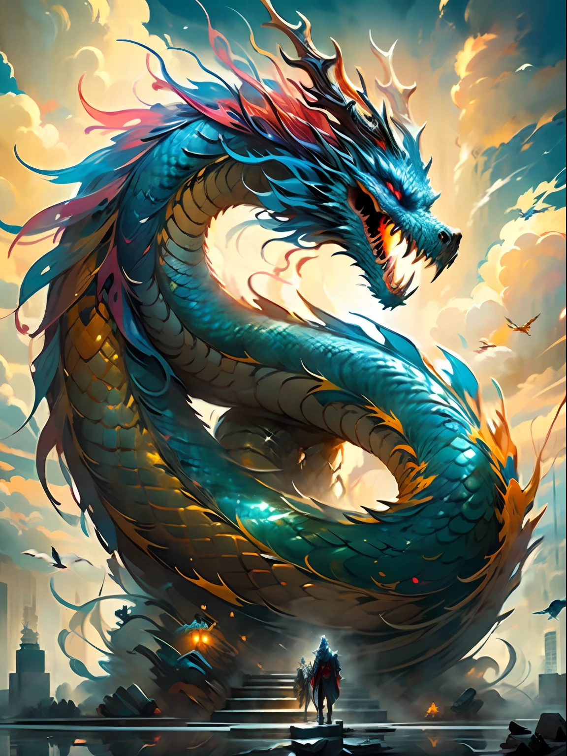 The best quality, masterpiece, super high resolution, no humans, (Length: 1.2), (Fine: 1.2), Serpentine Body, Rational Body Structure Logic, Long Hair, Sharp Teeth, Red Eyes, Teeth, Giant, 1 Girl, Bird, Outdoor, Standing, Scales, Clouds, Horns, From Behind, Armor, Sky, Open Mouth, Confrontation, Charge, Monster, Size Difference, White Hair, Buildings, Valley, (Realistic Textures: 1.2), (Glowing Multicolored Scales: 1.2), (Realistic Details: 1.2), ([Front | Side] :1.1), HDR, ultra-refined 3D modeling, as magical as the style paintings painted by Tim Burton, Dale Chihuly, Xiaolongcheng, Cyril Rolando and other authors such as Jr. Gigue. Shadows and lighting intertwine to create brilliant effects.