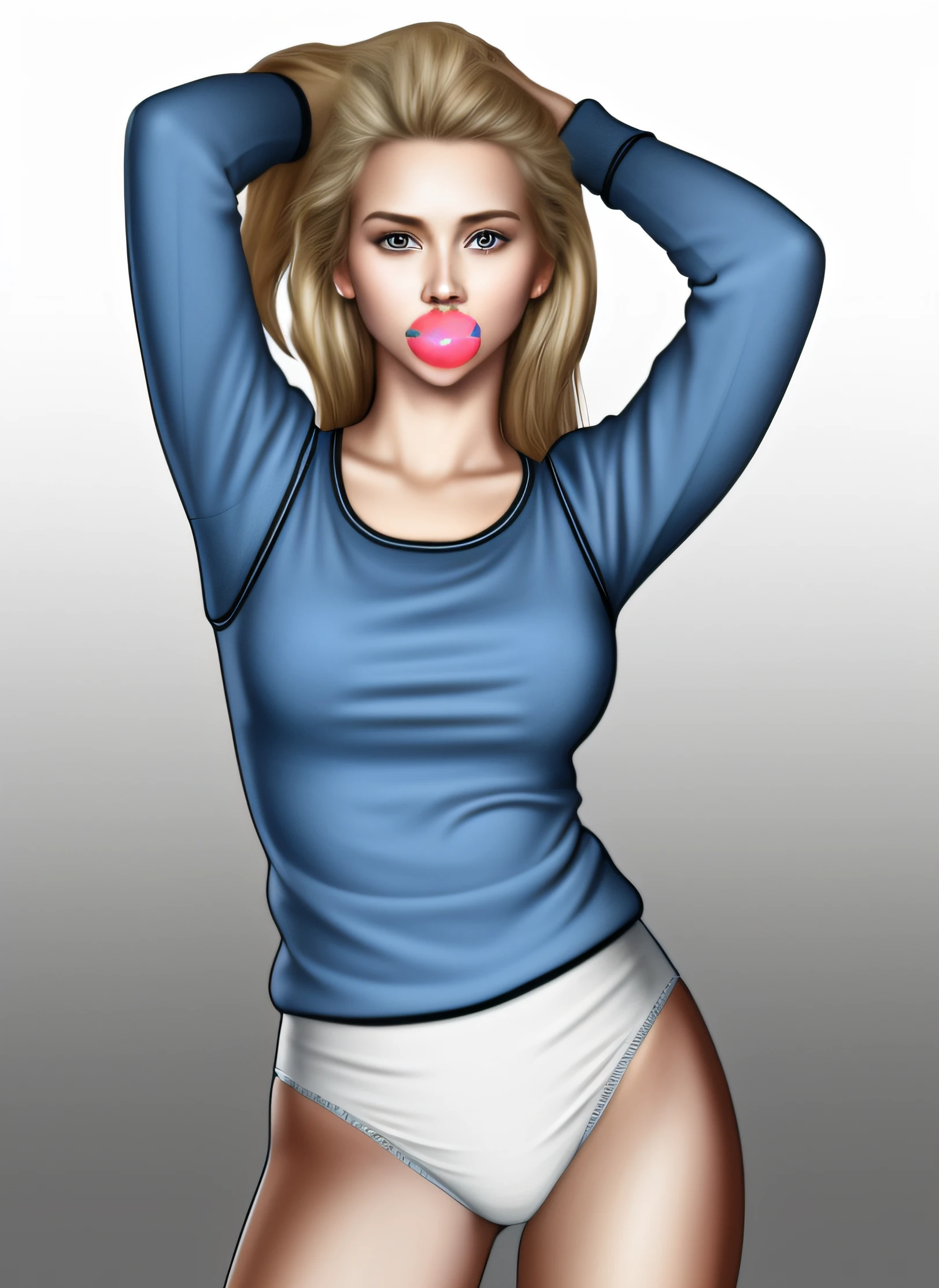 Blonde woman in blue sweater and white cotton panties, blowing bubble gum, photo realistic, intricate details