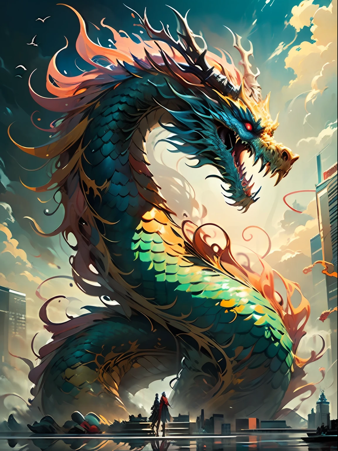 The best quality, masterpiece, super high resolution, no humans, (Length: 1.2), (Fine: 1.2), Serpentine Body, Rational Body Structure Logic, Long Hair, Sharp Teeth, Red Eyes, Teeth, Giant, 1 Girl, Bird, Outdoor, Standing, Scales, Clouds, Horns, From Behind, Armor, Sky, Open Mouth, Confrontation, Charge, Monster, Size Difference, White Hair, Buildings, Valley, (Realistic Textures: 1.2), (Glowing Multicolored Scales: 1.2), (Realistic Details: 1.2), ([Front | Side] :1.1), HDR, ultra-refined 3D modeling, as magical as the style paintings painted by Tim Burton, Dale Chihuly, Xiaolongcheng, Cyril Rolando and other authors such as Jr. Gigue. Shadows and lighting intertwine to create brilliant effects.