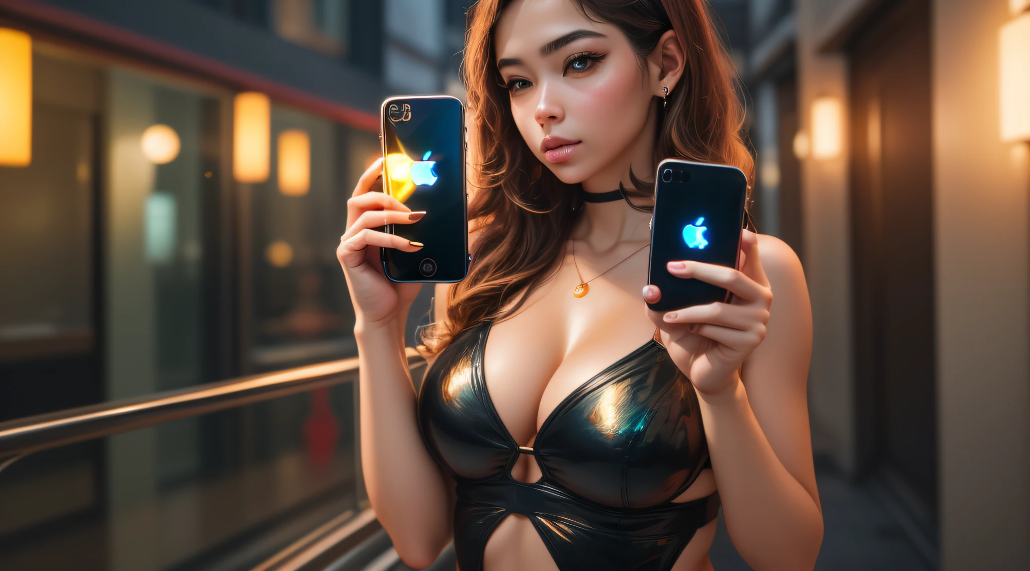 mulher usando iphone, fazendo selfie, corpo inteiro, sensual, sexy, biquini, with iphone in hand, apple smartphone logo highlighted, dramatic ilumination, sensual, seminua, iphone, status.