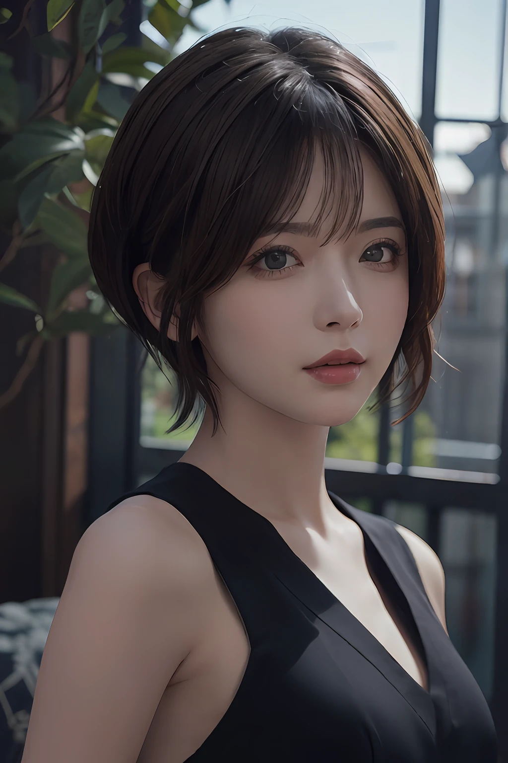 (8k、pfotorealistic、RAW Photography、beste Quality: 1.4)、(1girl)、Beautiful Faces、(realstic face)、(dark short hair、short haired:1.3)、Beautiful Hairstyle、realistic eye、Beautiful details、（realistic skin）、Beautiful skin、、Absurdres、irresistible、Ultra high Resolution、ultra Realistic、High Accuracy、the golden ratio、full body photos、（genshin、Impact）、yae、miko、crystalfly、breasts