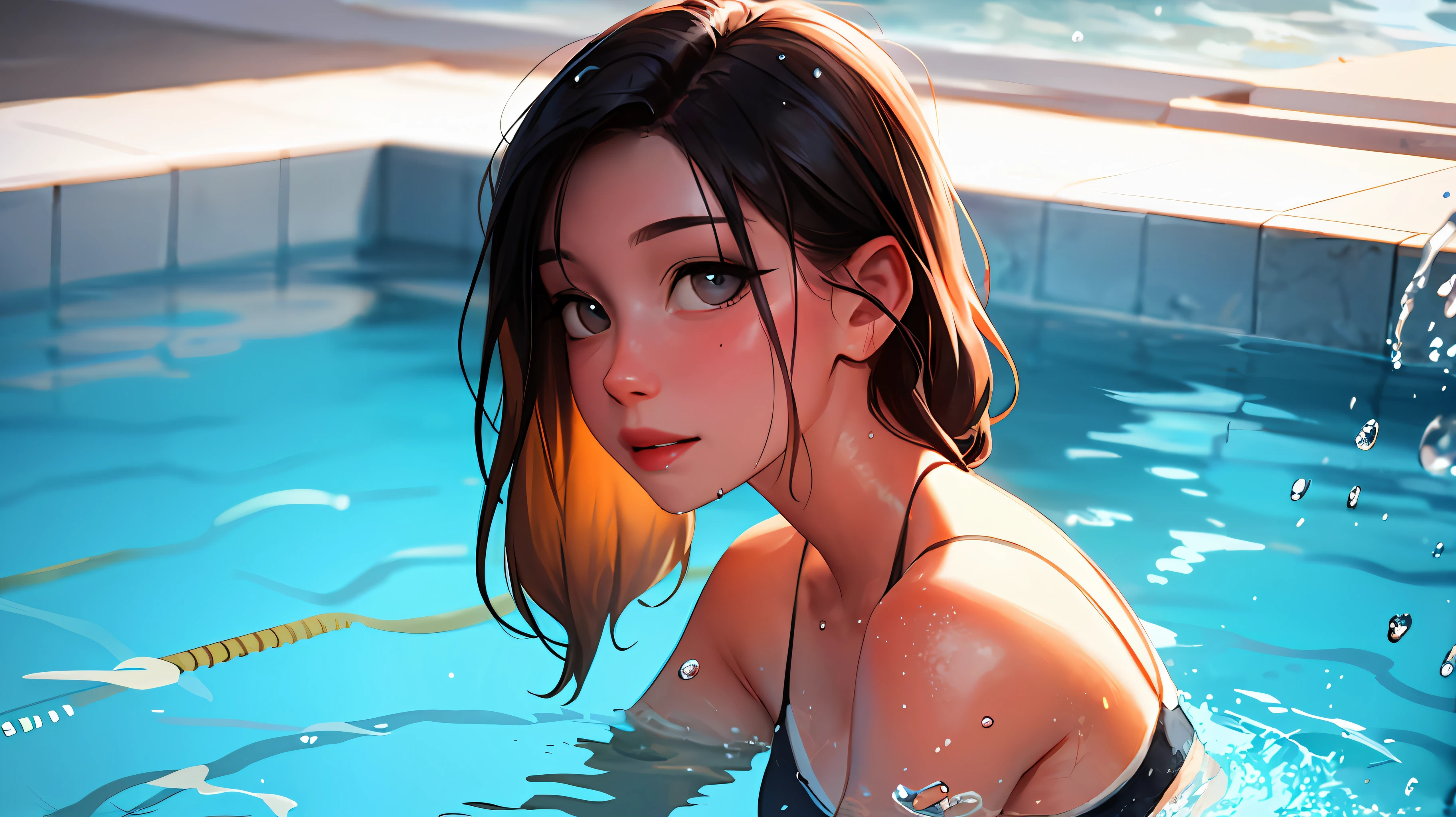 realistic, photo, beautiful, masterpiece, best quality, 1girl, solo, sam yang, swimmer, bikini, stylish bikini, small breast, cleavage, tan line, portrait shot, looking at viewer, detailed face, detailed eyes, detailed hair, partially submerged, outdoor pool, wet skin, wet hair, intricate details, shadow, lighting, ray tracing, high quality water, realistic water, HD, 4k