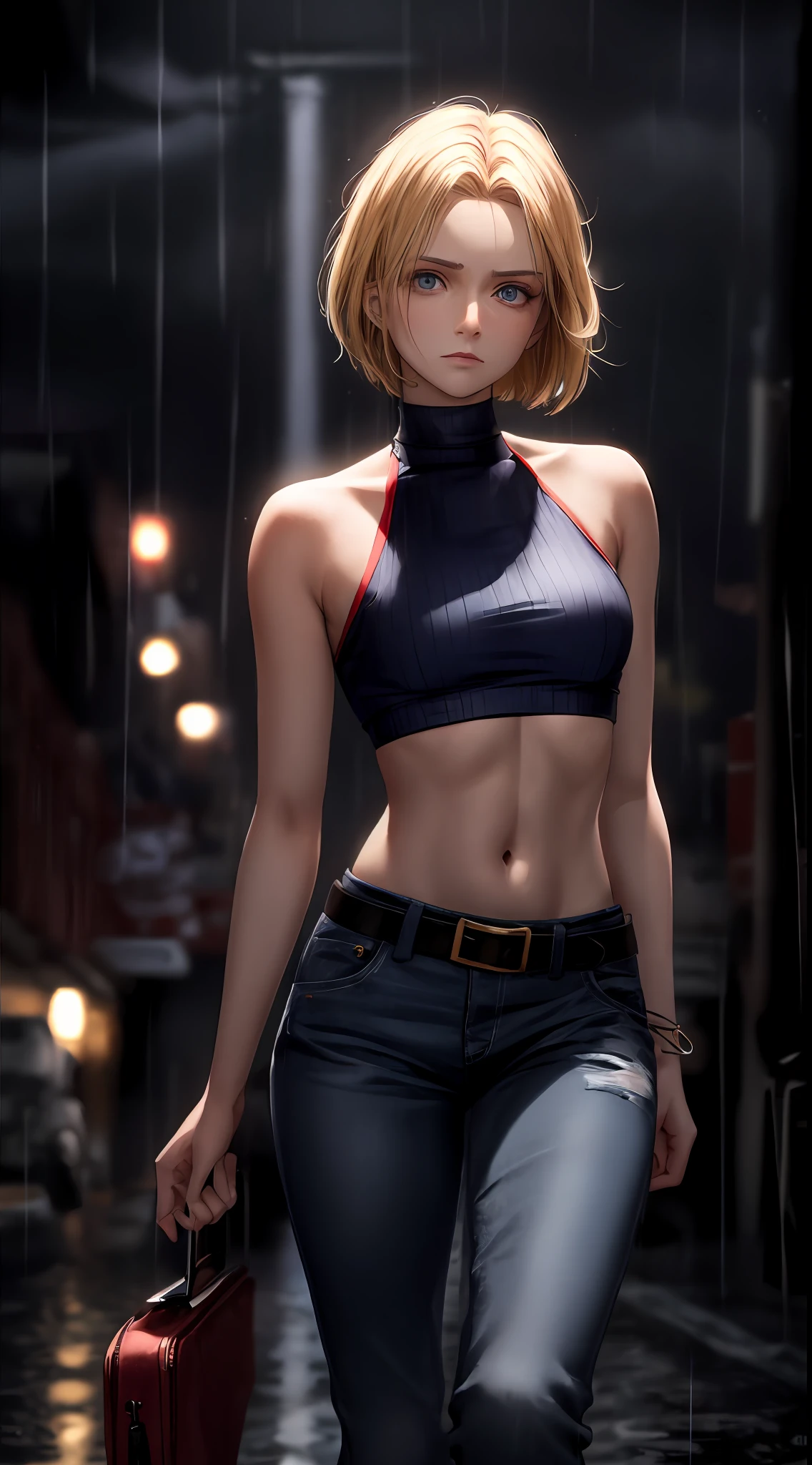 Maryms, Best Quality, (Beauty), Masterpiece, 1 female, physical rendering, thin waist, big eyes, (small breasts), puffy eyes, night, (Rain Castle), brightened skin, facing the audience, determined expression, facing the camera, red top, jeans, street background,