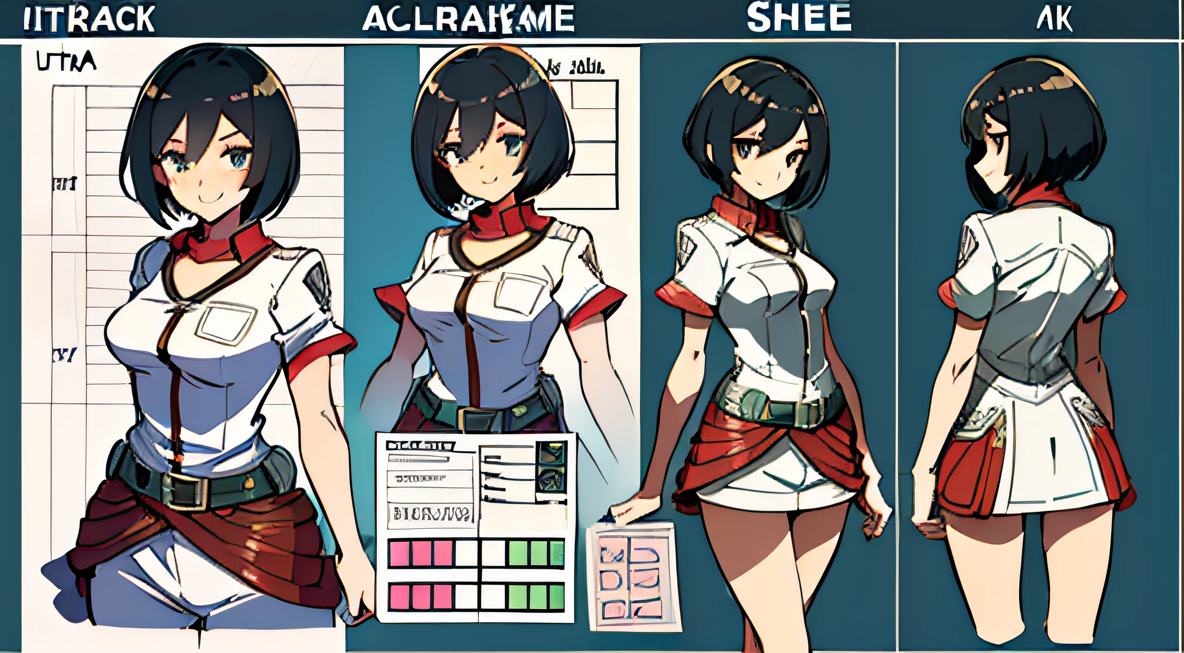 (masterpiece), ultra detailed, 8k, ((A character sheet:1.4)) or reference sketch of a a beauty gal girl who looks like Pokemon's Mai, with an uniform, she has short hair, and she smiling, with black hair, ultra realistic and sharp detail and intricate, intricate details, and style, simple background illustration, Mikasa Ackerman