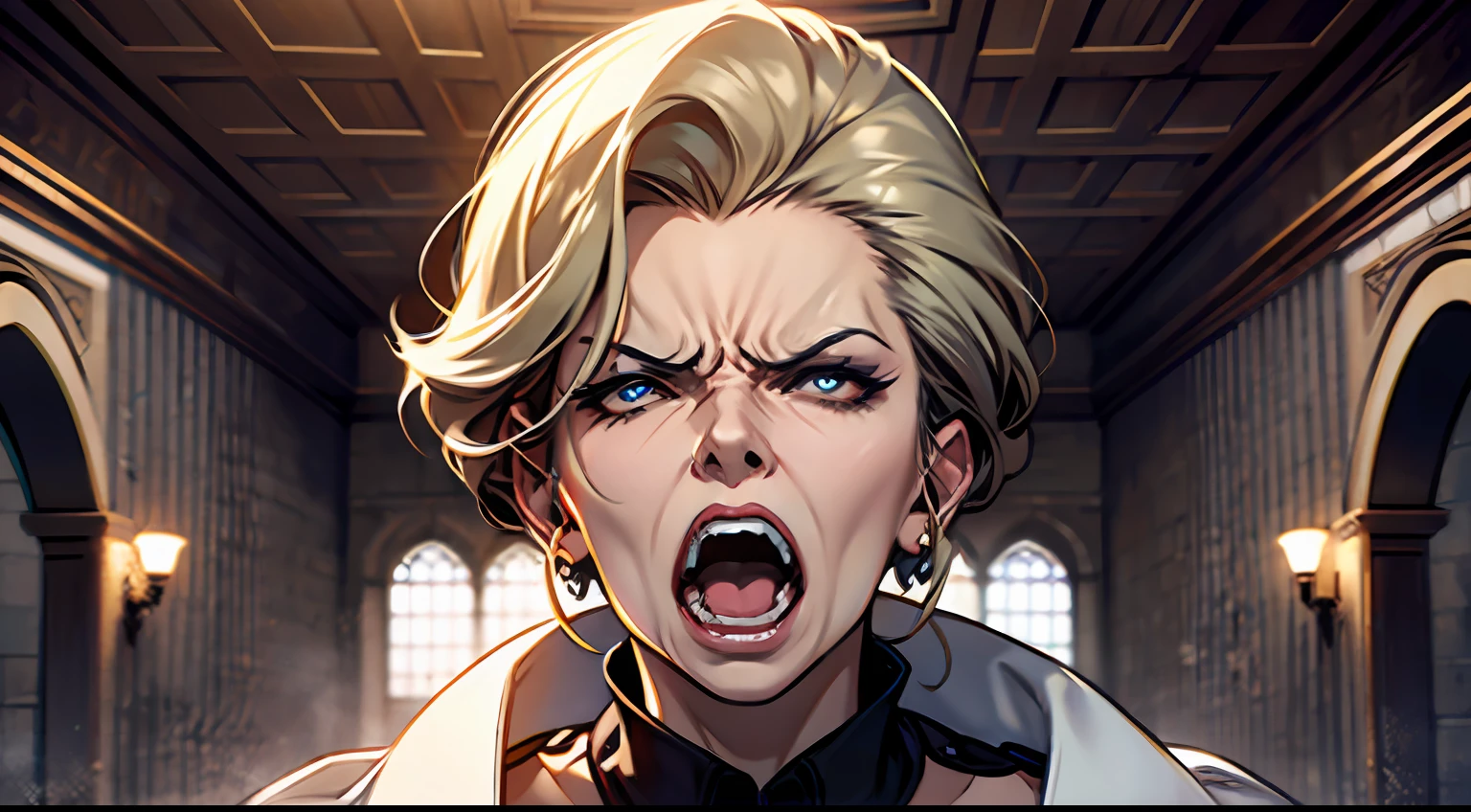 Masterpiece, best quality, 60-year-old woman, angry, swearing, luxurious hall
