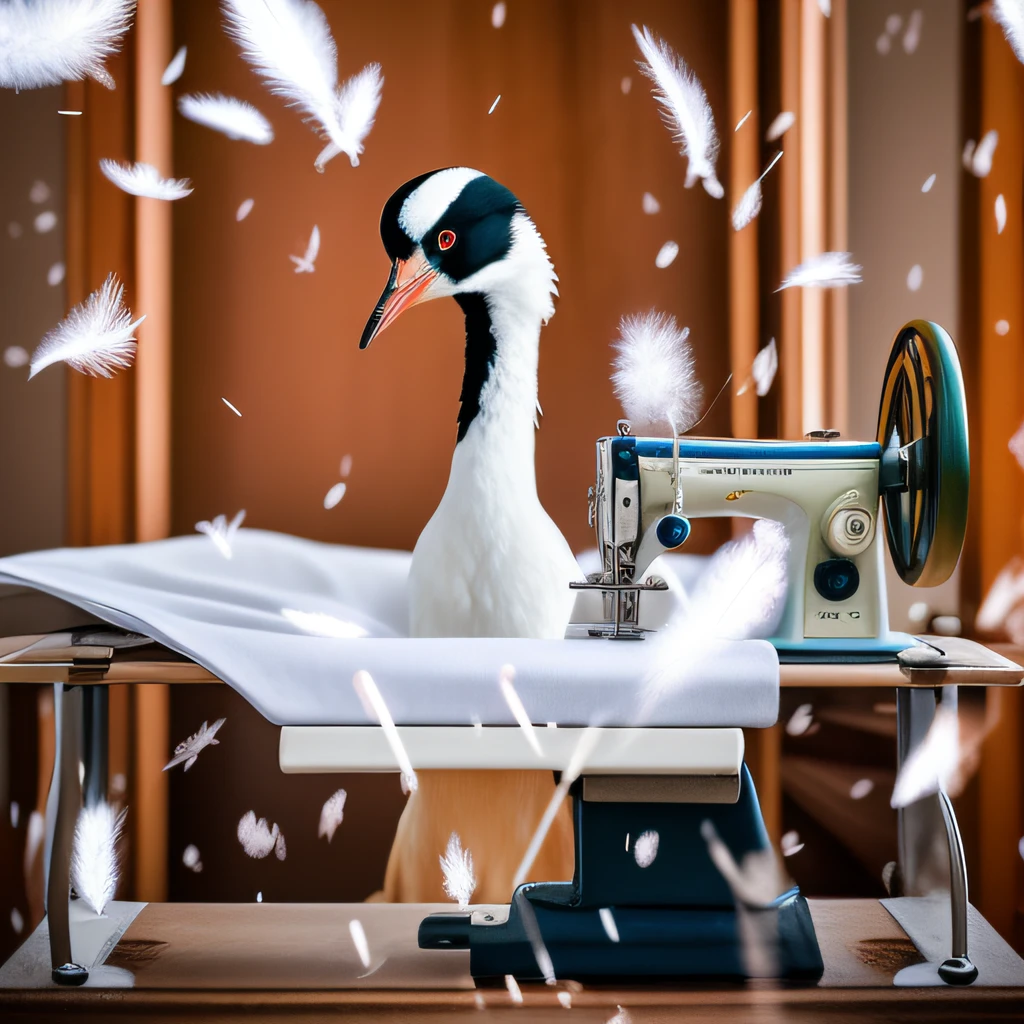 there is a bird that is sitting on a sewing machine, japanese crane bird in center, shutterstock contest winner, by Mathias Kollros, by Ilya Ostroukhov, a surrealistic bird, prize winning color photo, prize winning photo, by Dietmar Damerau, inspired by Sugimura Jihei, Winning Photo, playful composition canon