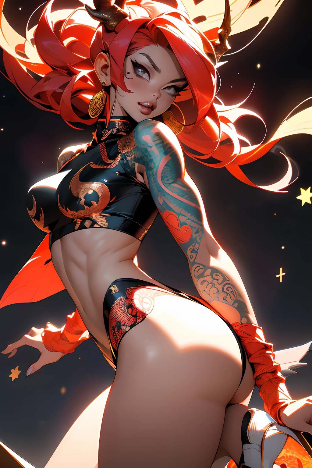 absurd, highres, ultra detailed, (ultra-detailed background, detailed background), extremely detailed, flame demon woman, adult woman, perfect adult face, 35 years old, (zentangle:1.2), (geometric:1.2), colorful, full body, sexy pose, short clothes, dragon tattoo, stars, tiny thong, almost naked, muscular, perfect body, vietnamese ornaments, demon of japanese culture
