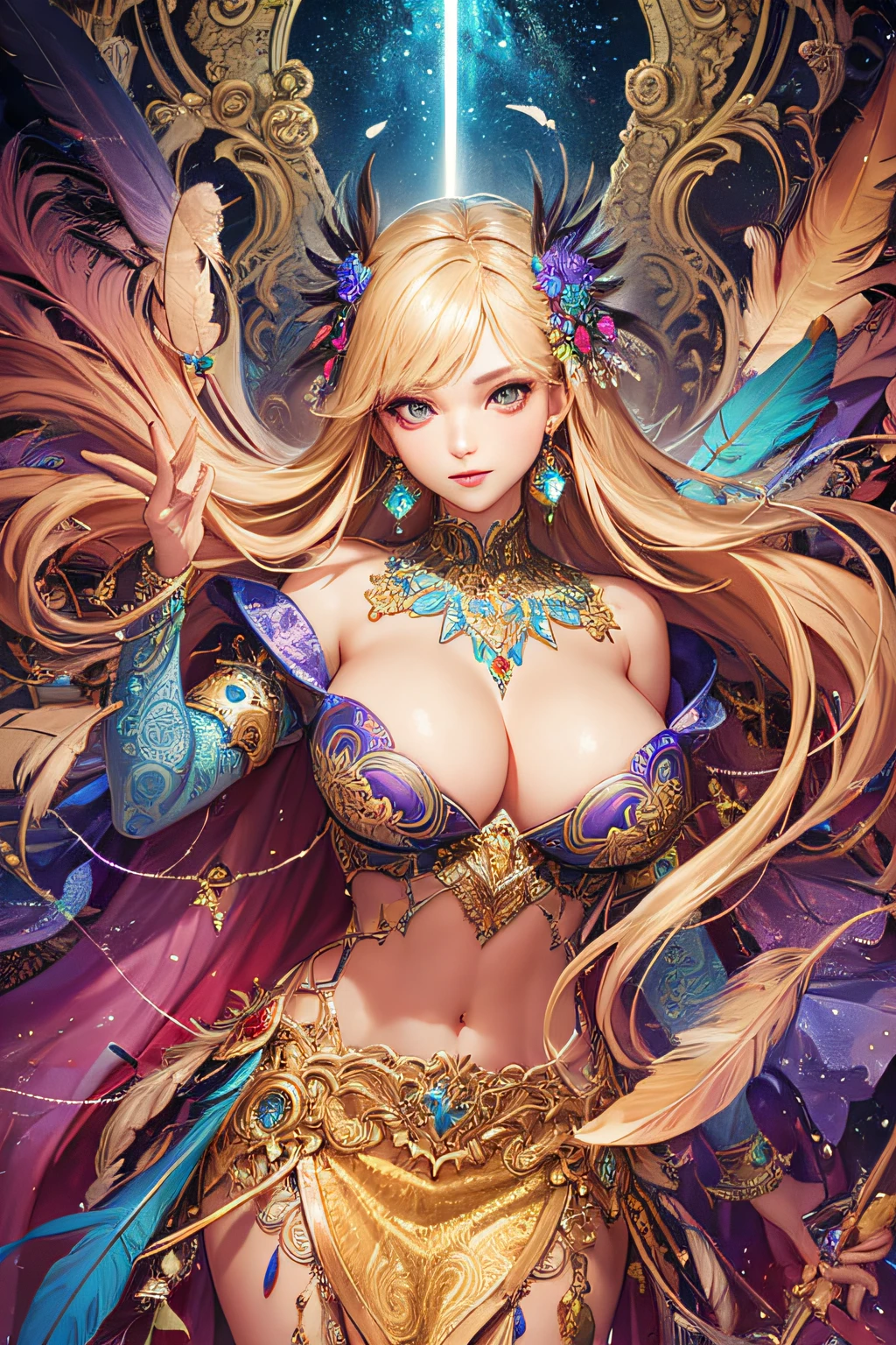 A Girl,huge breasts,Off Shoulder,golden hair,Colored Feathers,Metal Ornaments,colored flowers,Particles,rays of light,(masterpiece, top quality, best quality, official art, beautiful and aesthetic:1.2), (1girl:1.3), extremely detailed,(fractal art:1.1),(colorful:1.1)(flowers:1.3),highest detailed,(zentangle:1.2), (dynamic pose), (abstract background:1.3), (shiny skin), (many colors:1.4), ,(earrings:1.4), (feathers:1.4)