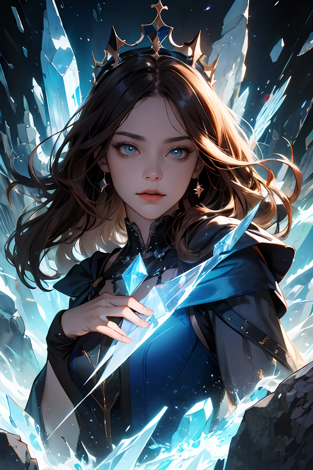 (absurdres, highres, ultra detailed), 1woman, mature female, aged up, wavy long hair, auburn hair, coral eyes, bangs, long sleeves, finely detailed eyes and detailed face, extremely detailed CG unity 8k wallpaper, intricate details, (style-swirlmagic:1.0),  looking at viewer, solo, upper body, detailed background, close up,  detailed face, (gothic dark ages theme:1.1), crystal sorcerer,  dynamic pose, earth themed clothes, crystal crown,  floating in the air, glowing magical shards, surrounded by blue magical crystals,  rock formations, stalactites,  magical floating particles, crystal glass,  crystal sphere, crystal canyon background, (shallow water:0.7),  epic ethereal atmosphere,   updraft,, portrait