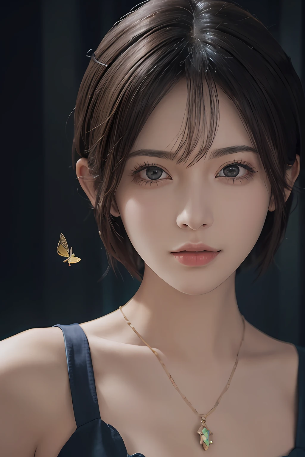 (8k、pfotorealistic、RAW Photography、beste Quality: 1.4)、(1girl)、Beautiful Faces、(realstic face)、(dark short hair、short haired:1.3)、Beautiful Hairstyle、realistic eye、Beautiful details、(realistic skin)、Beautiful skin、、Absurdres、irresistible、Ultra high Resolution、ultra Realistic、High Accuracy、the golden ratio、full body photos、(genshin、Impact)、yae、miko、crystalfly、breasts
