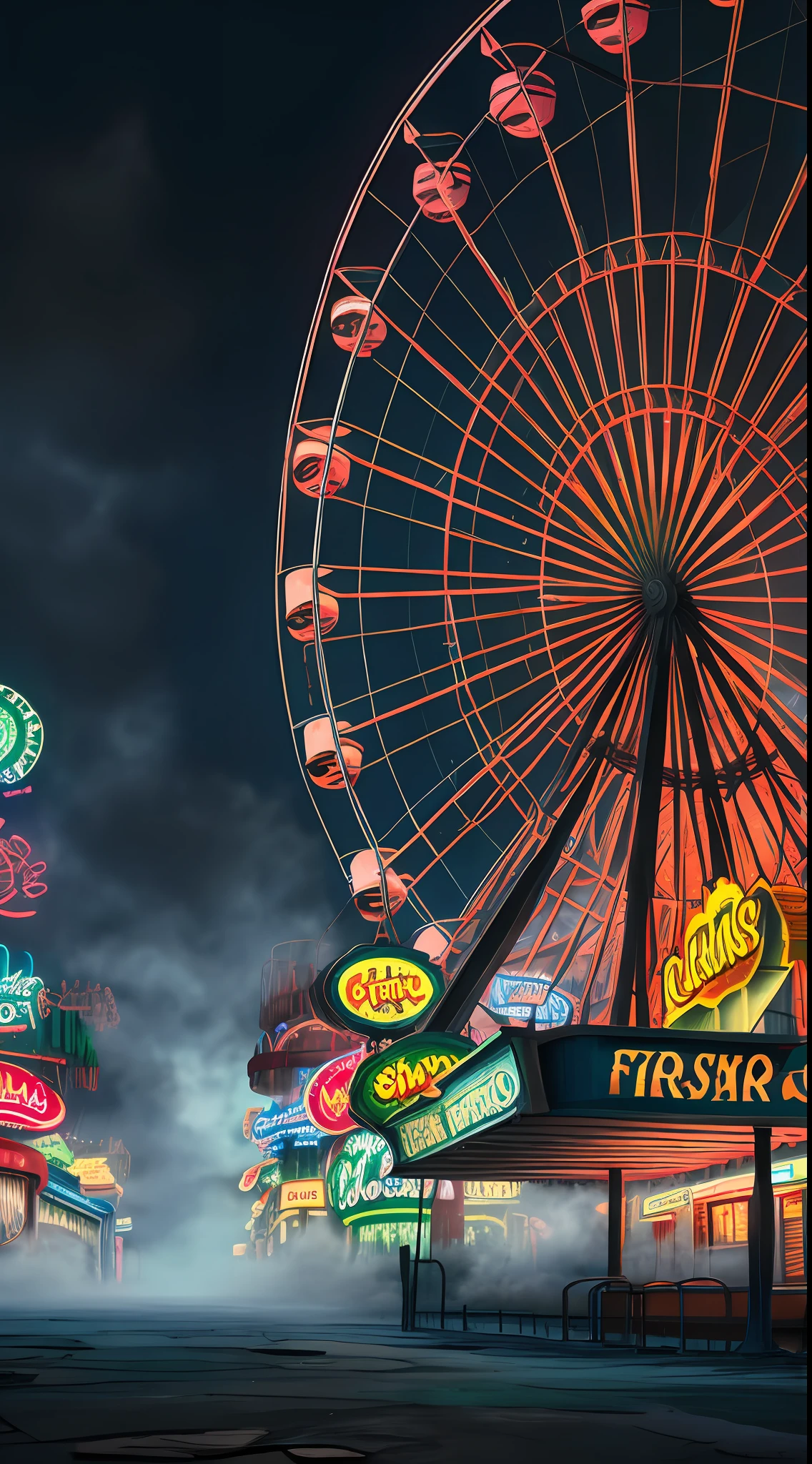 abandoned amusement park, big ferris wheel, (heavy fog), dim street lights, sharp colors, photorealistic, extremely detailed 8k wallpaper,