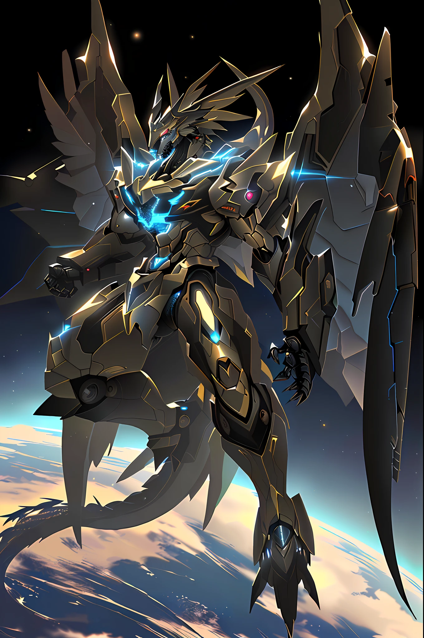 Aravi flew over the Earth,The wings flashed with blue light, greek god in mecha style, a massive celestial giant god, 2. 5 d cgi anime fantasy artwork, well armored mech dragon, anime epic artwork, colossal dragon as background, high detailed official artwork, 4k highly detailed digital art, high quality digital concept art