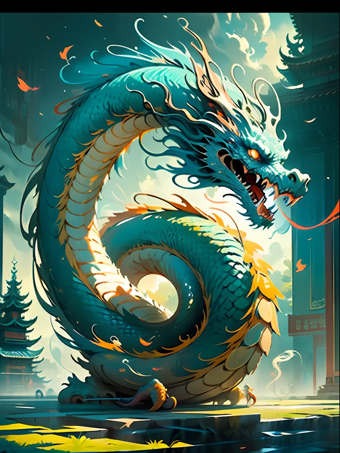 the best quality t，master masterpiece，super high res，without humans，（longo：1.2），Eastern dragon，east asian architecture，heavens，archiCGI，out door，yun，heavens、，yama，Open Mouth，a blue sky，teeth，scaly，sharp teeth，angular，bioluminescence，fang，SHU，Luminous Eyes，Pagodas，landscape，，（realistic Textures：1.2），（Glowing multicolored scales：1.2），（detalhes realistas：1.2），（[front side|Lateral face]：1.1），hdr，超精致的3D建模，Like Tim Burton、Dale Chihuli、Xiaolongcheng、Cyril Rolando and other writers，Such as small. giger's style paintings are just as magical。Shadows and lighting are intertwined，Produces brilliant results。