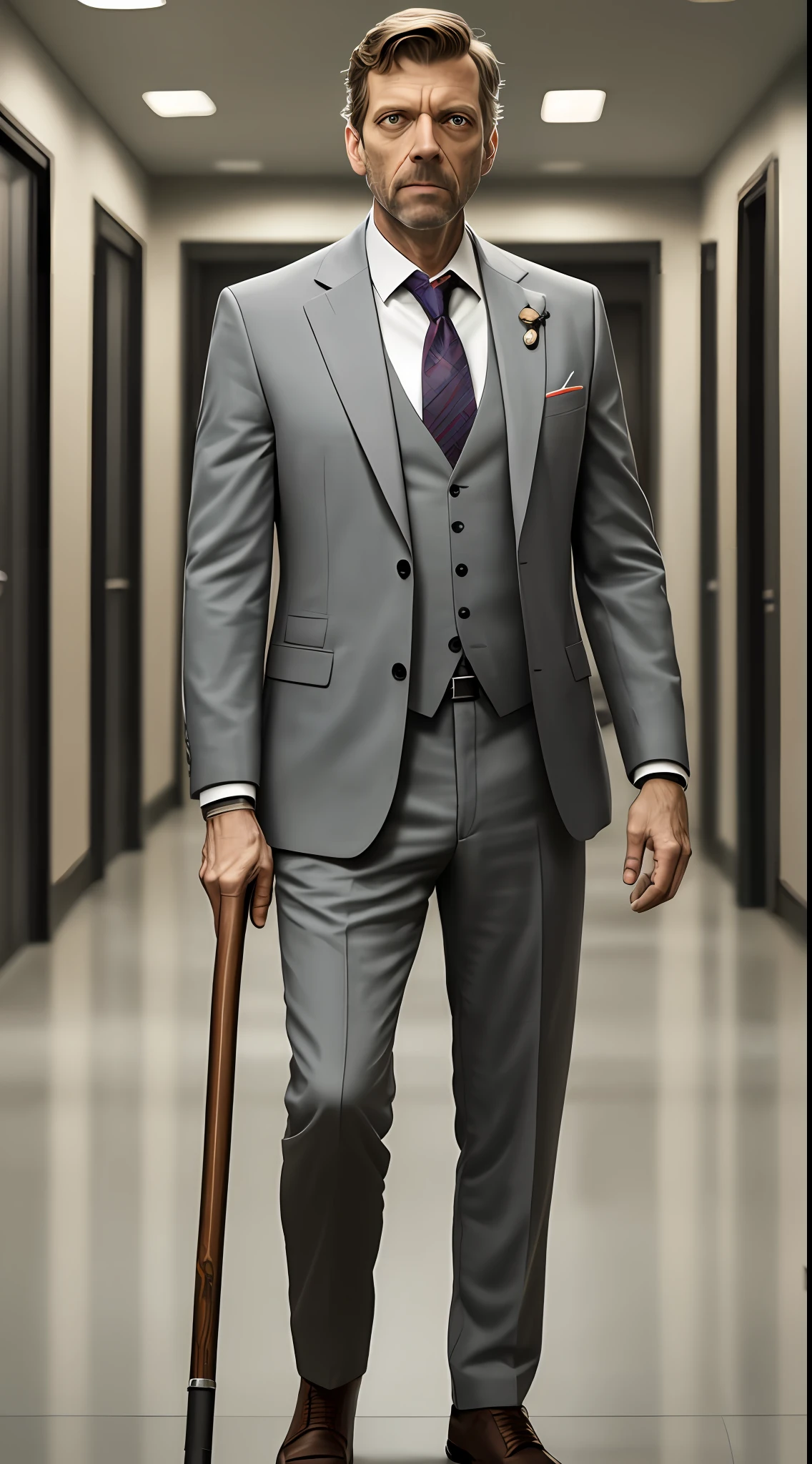 Realista, 4k, From the Doctor House series, Dr House in grey suit standing holding his cane in his direct hand and staring steadily into the camera, ao fundo as portas do hospital --auto
