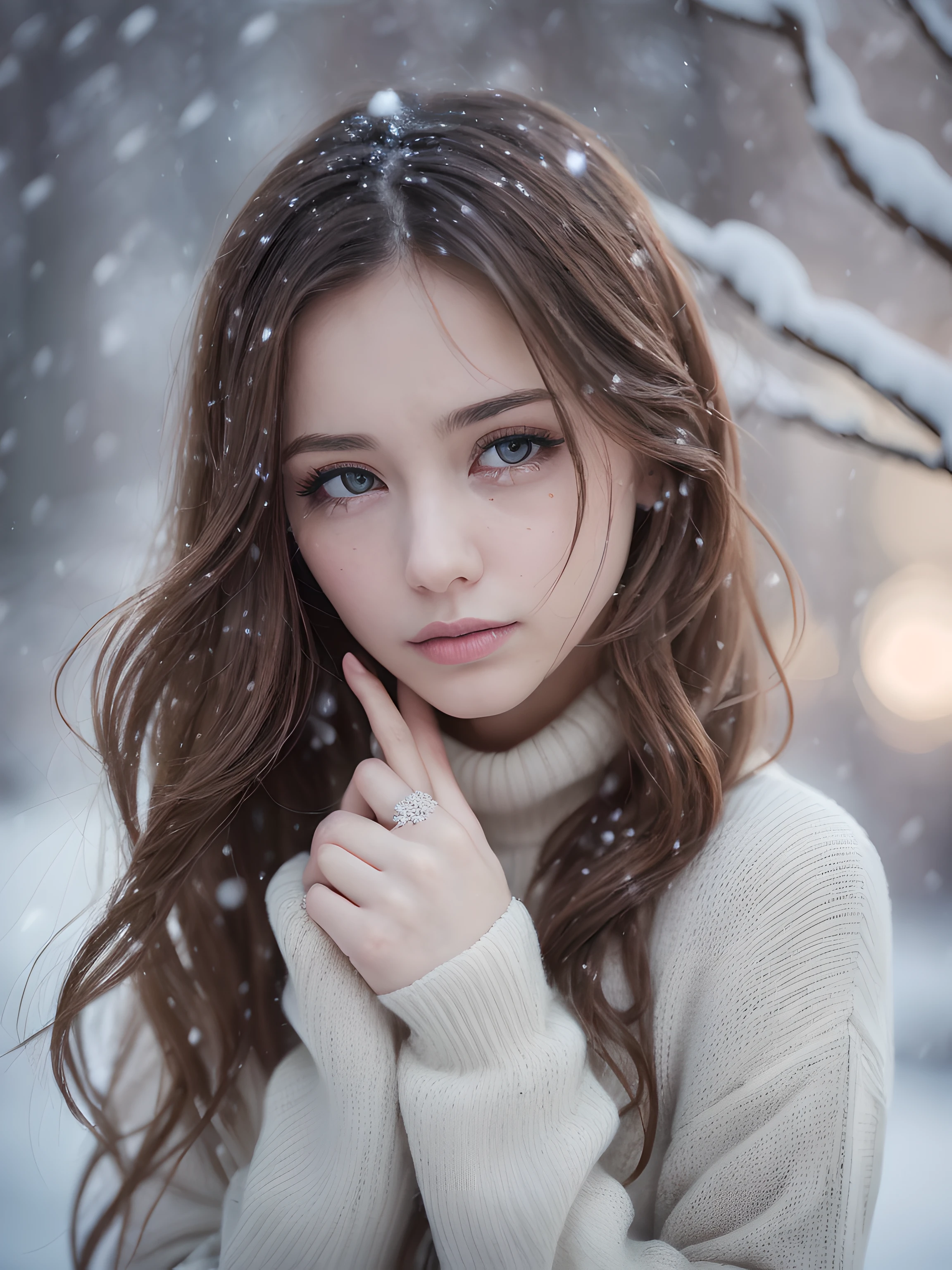 (masterpiece), (portrait), (aesthetic), (beautiful), (upper blody), (high quality), (aesthetic clothings), (professional angle), (rule of thirds), (Feminine), (woman), (female), (beautiful),(feminine features), (21 years), solo, 1 woman, (attractive French), Winter, (Snow), (Morning), (Soft Lighting light), ((Standing Alone, Snowflakes Falling, Tears on Face)), ((Tears)), (Hands by Side Hands), ((Looking Forward Face)), ((Sadness)), (Natural Make-up), (Any Bust), (-), ((Medium Hair)), (Chestnut Hair), (Wavy Hair), (Loose hair), (), (Half-Closed Eyes), (Blue Eyes), (Distant Look), Pale skin, (- Clothing), (Oversized Sweater), (-), (Leggings ), (Turtleneck Neckline), ((Outdoor Setting background)), (Medium Shot Shot), beautiful hands, two hands, normal hands, two arms, complete hands, beautiful body, beautiful fingers, normal fingers, five fingers, five fingers, beautiful ears, normal ears, beautiful eyes, shiny eyes, beautiful mouth, beautiful lips,