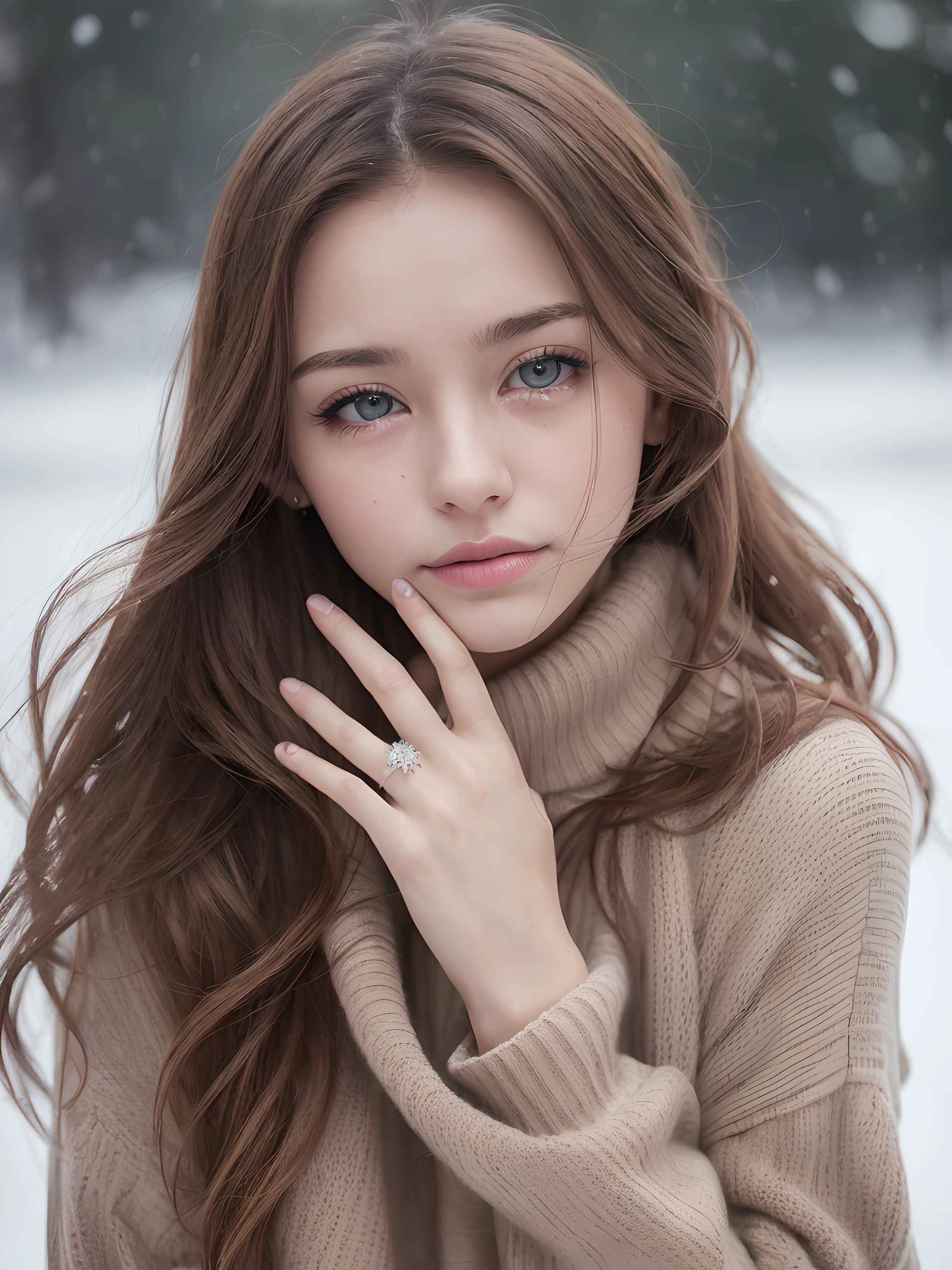 (masterpiece), (portrait), (aesthetic), (beautiful), (upper blody), (high quality), (aesthetic clothings), (professional angle), (rule of thirds), (Feminine), (woman), (female), (beautiful),(feminine features), (21 years), solo, 1 woman, (attractive French), Winter, (Snow), (Morning), (Soft Lighting light), ((Standing Alone, Snowflakes Falling, Tears on Face)), ((Tears)), (Hands by Side Hands), ((Looking Forward Face)), ((Sadness)), (Natural Make-up), (Any Bust), (-), ((Medium Hair)), (Chestnut Hair), (Wavy Hair), (Loose hair), (), (Half-Closed Eyes), (Blue Eyes), (Distant Look), Pale skin, (- Clothing), (Oversized Sweater), (-), (Leggings ), (Turtleneck Neckline), ((Outdoor Setting background)), (Medium Shot Shot), beautiful hands, two hands, normal hands, two arms, complete hands, beautiful body, beautiful fingers, normal fingers, five fingers, five fingers, beautiful ears, normal ears, beautiful eyes, shiny eyes, beautiful mouth, beautiful lips,