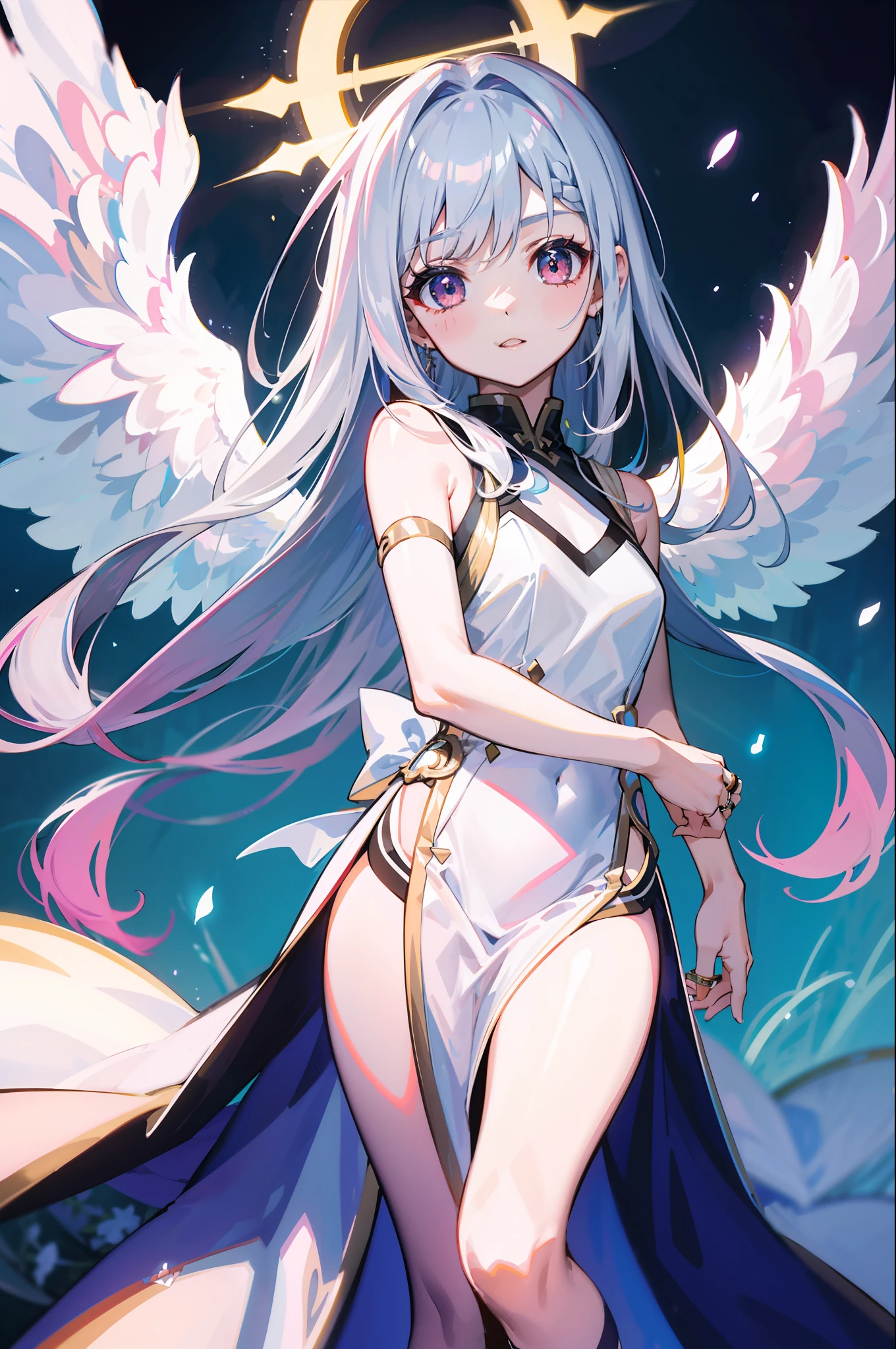 beste Quality、女の子 1 人、sora、Land of Angels、colorful strands of hair、cuddly 、the anime、Sheer white skin、Asian Girls、All body、、14歳、Shines、Quiet child、HigContrast、Temptingual、angelic、Glowing on the back2Angel Wings、A ring that glows horizontally above your head、The top of the head is silver hair and the tips are pink、White attire