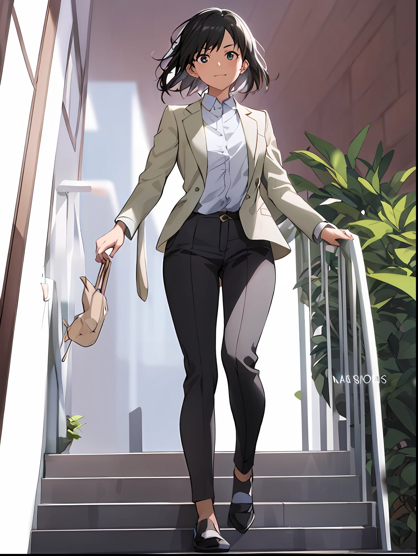 there is a woman in a suit and shoes walking up the stairs, Makoto Shinkai style, full body portrait of a short!, !!Full Body Portrait!!, Makoto Shinkai art style, Full Body Portrait, single character full body, A full-body character portrait, makoto shinkai. Digital rendering, anime full body illustration, casual business outfit