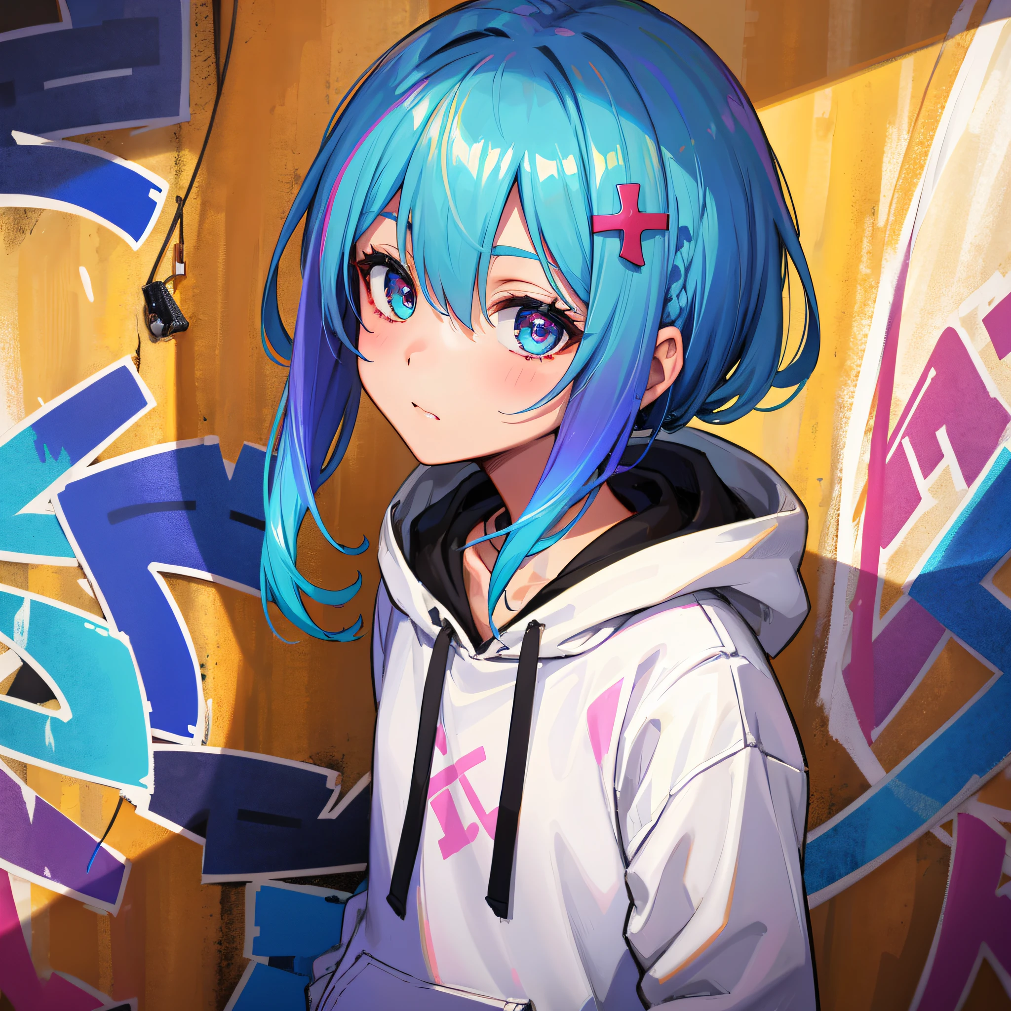 master masterpiece,high qualitt,great resolution,absurdress,super fine,8k,1boy,White gold gray hair,Blue Hair,Colorful hair,Gradient hair,Looking at the viewer,colorful eyes,Colorful hoodies,(Graffiti mural background wall:1.15),Wonderful painting,Bloom,portrait,Cross hair ornaments,closed Mouth,Pockets,Against the Wall,hair bangs,Ombre,reflection