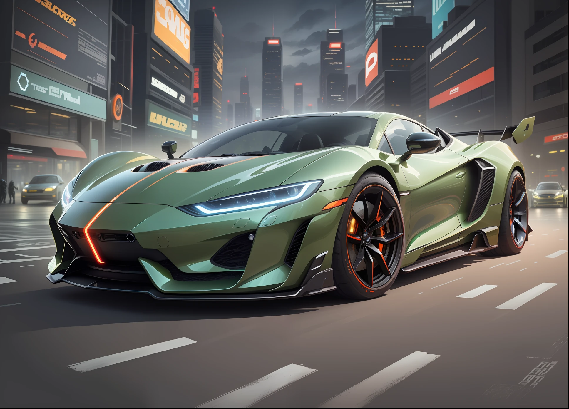 (High Definition, 9k) A futuristic sports car with neon headlights, light unde the car, in a futuristic cityscape with Starwars style