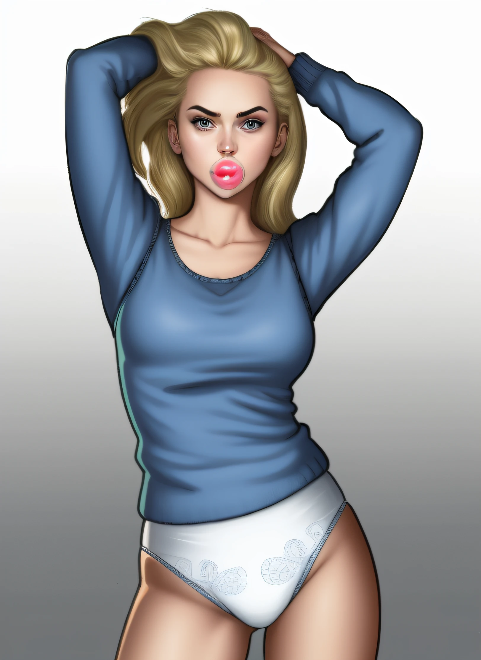 Blonde woman in blue sweater and white cotton panties, blowing bubble gum, comic book art style, intricate details