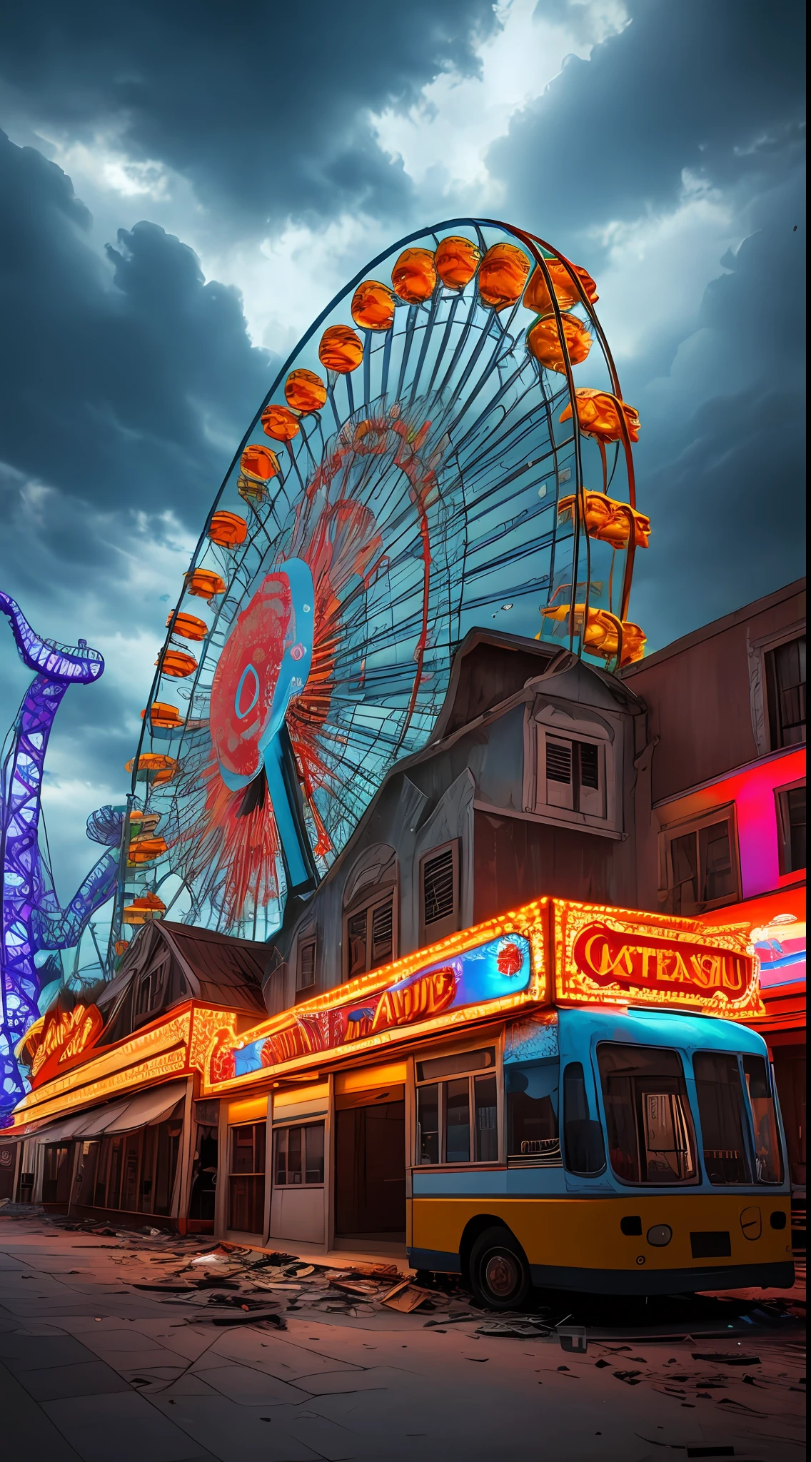 Abandoned amusement park,noite,tempestade, clouds and thunder , carrossel,roda gigante, (nevoeiro pesado), luzes de rua fracas, Crisp colors, fotorrealista, papel de parede 8k extremamente detalhado,