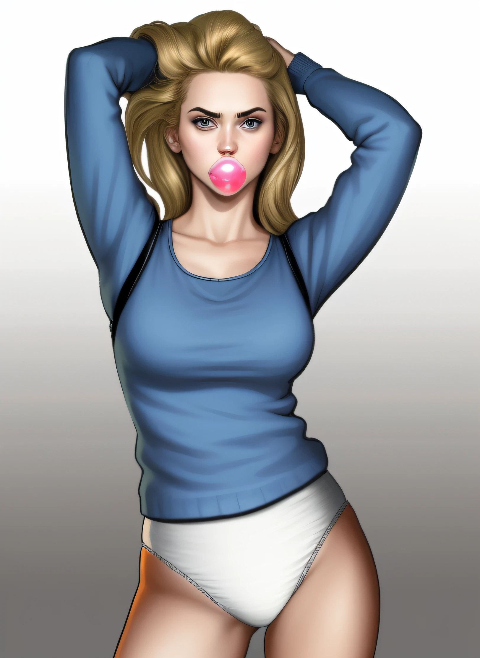 Blonde woman in blue sweater and white cotton panties, blowing bubble gum, comic book art style, intricate details