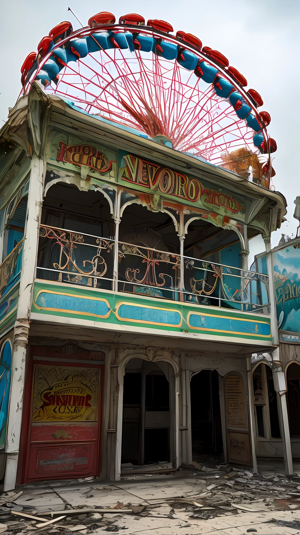 Abandoned amusement park, carrossel sinistro, (nevoeiro pesado), luzes de rua fracas, Crisp colors, fotorrealista, papel de parede 8k extremamente detalhado,