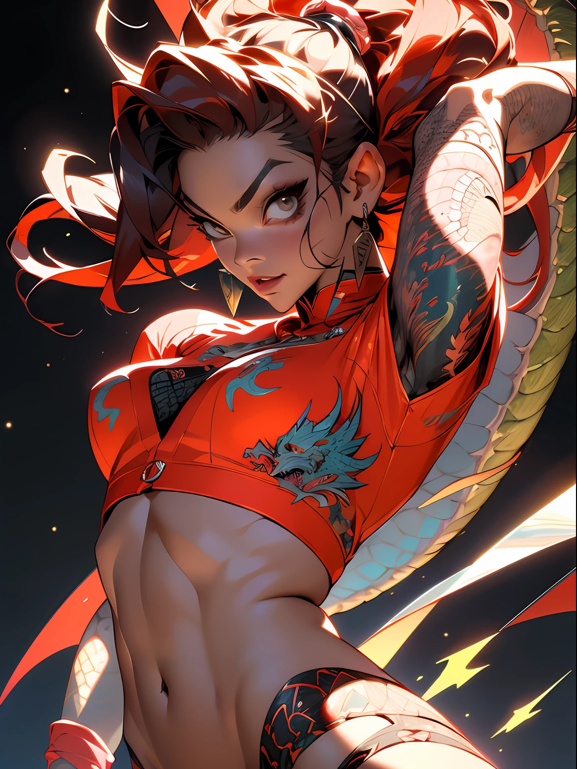 absurd, highres, ultra detailed, (ultra-detailed background, detailed background), extremely detailed, flame demon woman, adult woman, perfect adult face, 35 years old, (zentangle:1.2), (geometric:1.2), colorful, full body, sexy pose, short clothes, dragon tattoo, stars, tiny thong, almost naked, muscular, perfect body, vietnamese ornaments, demon of japanese culture