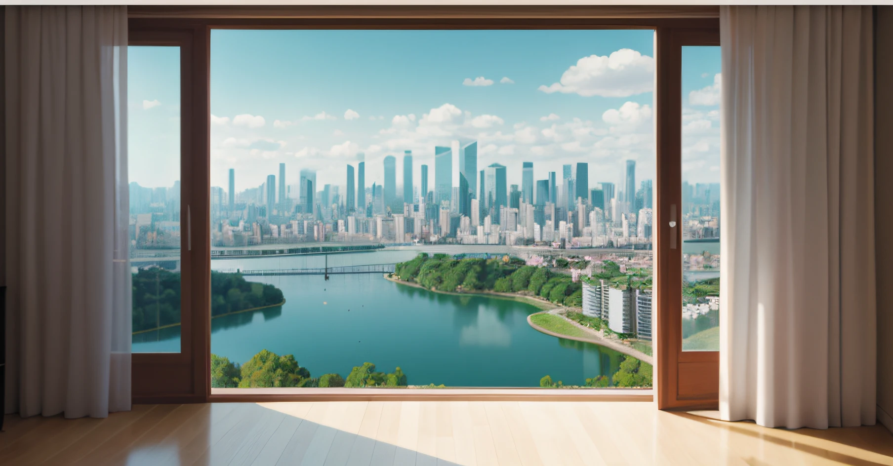 oversized window，The windows offer views of the city of Alavid，There is a lake and a city in the distance, window and city background, view from window on megapolis, cityscape in the window, overlooking a modern city, beautiful cityscape background, day cityscape, skyline showing from the windows, shenzhen, urban background, detailed scenery —width 672, beautiful cityscape, city landscape，a photorealistic rendering，photography style，is super detailed