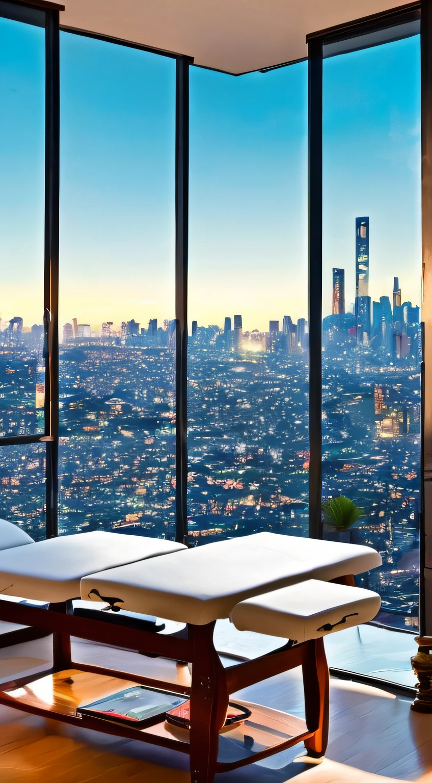 floor to ceiling window,Outside is the view of the city at night,The rooms are luxuriously decorated,There is a luxury massage table in the middle,Realisticstyle --auto