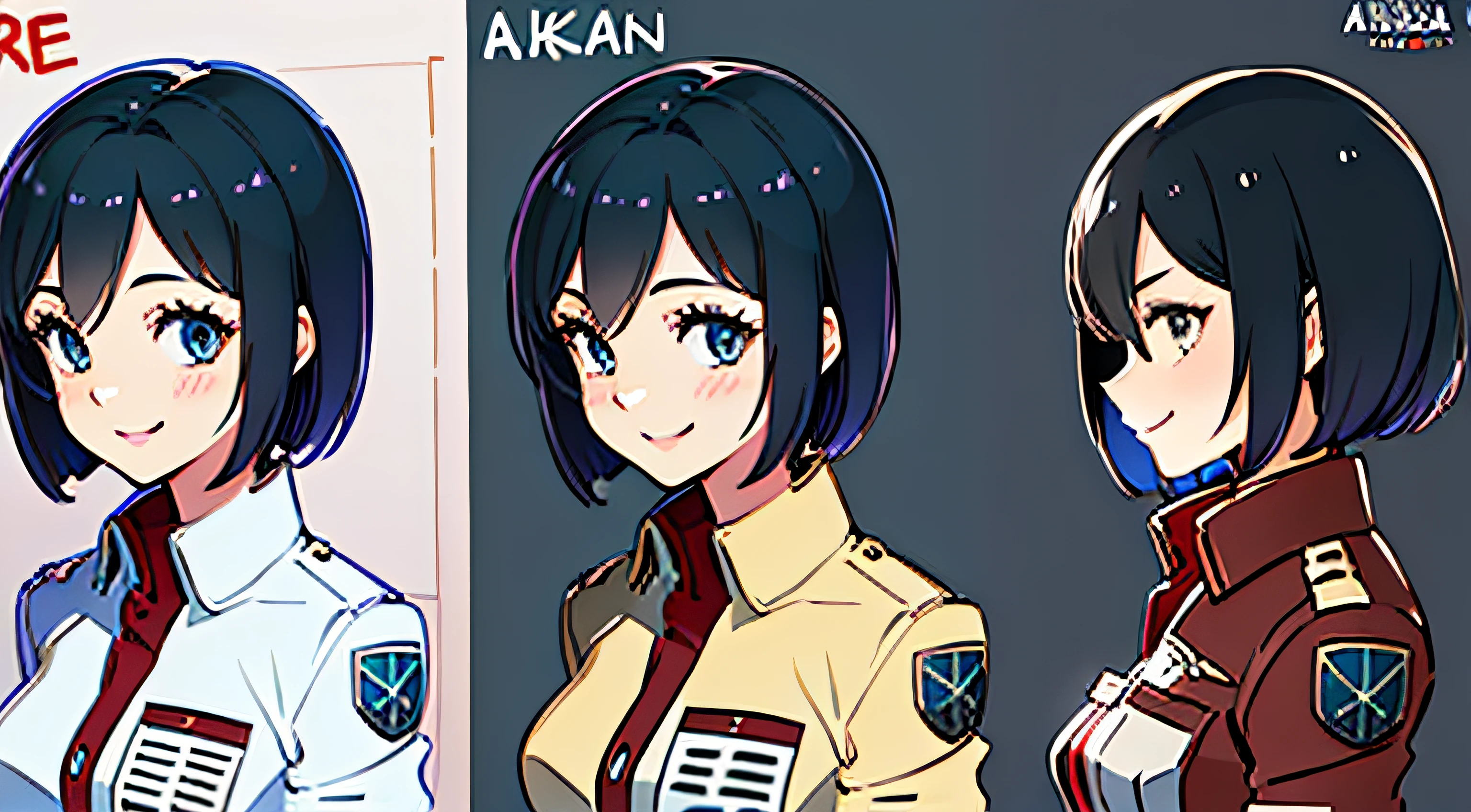 (masterpiece), ultra detailed, 8k, ((A character sheet:1.4)) or reference sketch of a a beauty gal girl who looks like Pokemon's Mai, with an uniform, she has short hair, and she smiling, with black hair, ultra realistic and sharp detail and intricate, intricate details, and style, simple background illustration, Mikasa Ackerman