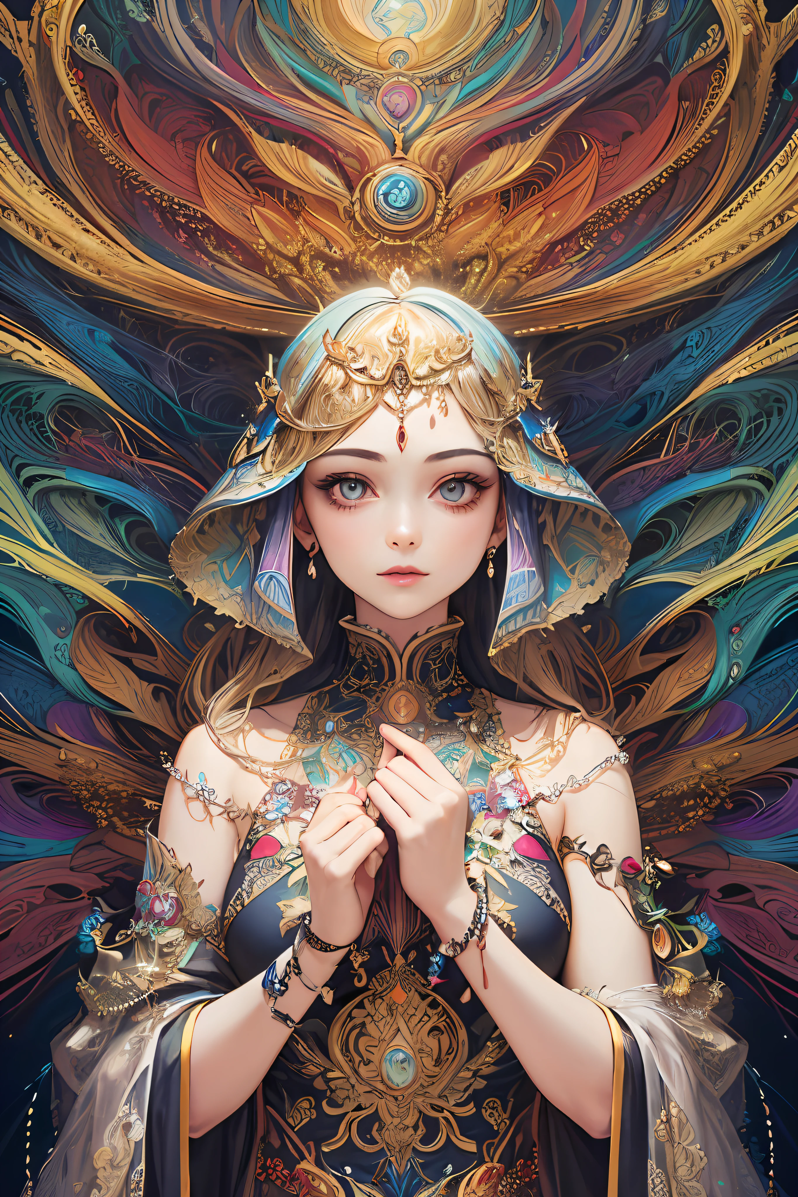 (masterpiece, top quality, best quality, official art, beautiful and aesthetic:1.2), (1girl:1.3), extremely detailed,(fractal art:1.2),colorful,highest detailed,(zentangle:1.2), (dynamic pose), (abstract background:1.5), (treditional dress:1.2), (shiny skin), (many colors:1.4), upper body
