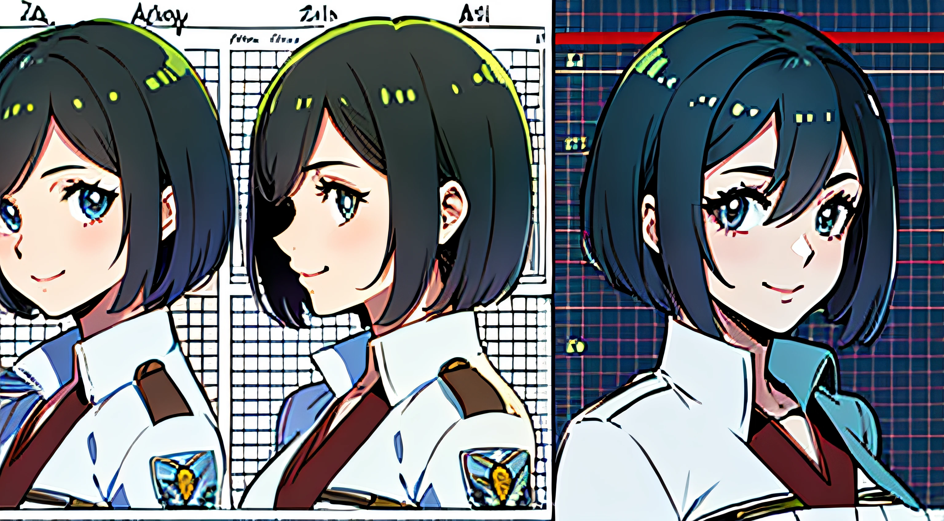 (masterpiece), ultra detailed, 8k, ((A character sheet:1.4)) or reference sketch of a a beauty gal girl who looks like Pokemon's Mai, with an uniform, she has short hair, and she smiling, with black hair, ultra realistic and sharp detail and intricate, intricate details, and style, simple background illustration, Mikasa Ackerman