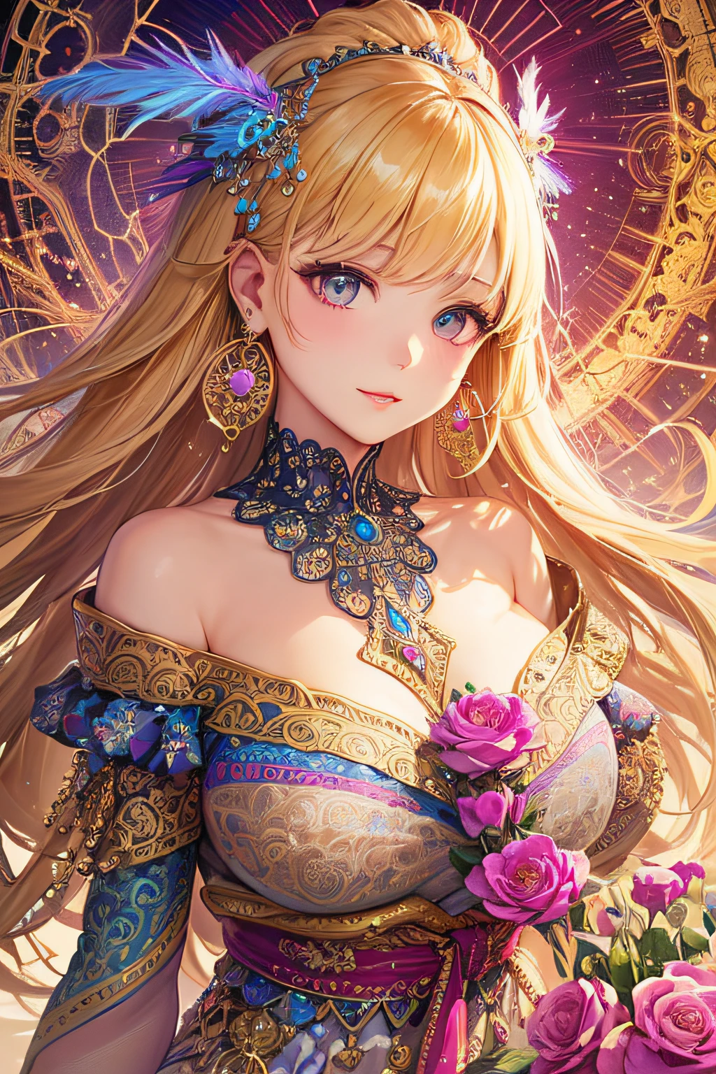 A Girl，huge breasts，Off Shoulder，golden hair，Colored Feathers，Metal Ornaments，colored flowers，Particles，rays of light，(MASTERPIECE，, topquality, best quarity, official arts, beautiful and aesthetic:1.2), (1girl:1.3), extremely detailed,(s fractal art:1.1),(colorful，:1.1)(floral:1.3),highest details,(zentangle:1.2), (Dynamic poses), (Abstract Background:1.3), (shiny glossy skin), (many colors:1.4), ,(ear ring:1.4), (plume:1.4)