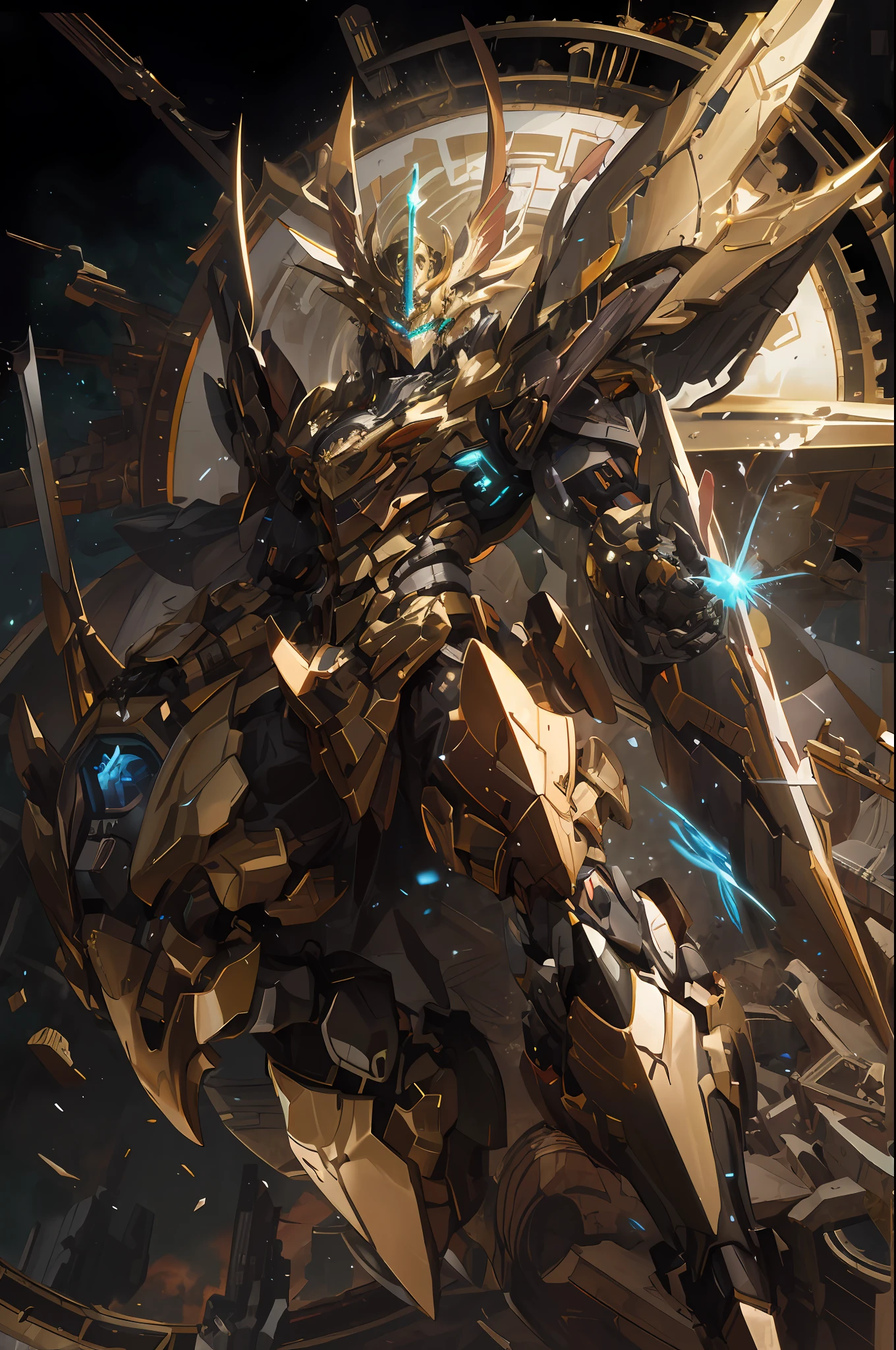 there is a large robot that is flying through the air, greek god in mecha style, gold paladin, 4k highly detailed digital art, style of raymond swanland, intricate glowing mecha armor, high quality digital concept art, god king of ai art, anime epic artwork, cool mecha style, best anime 4k konachan wallpaper