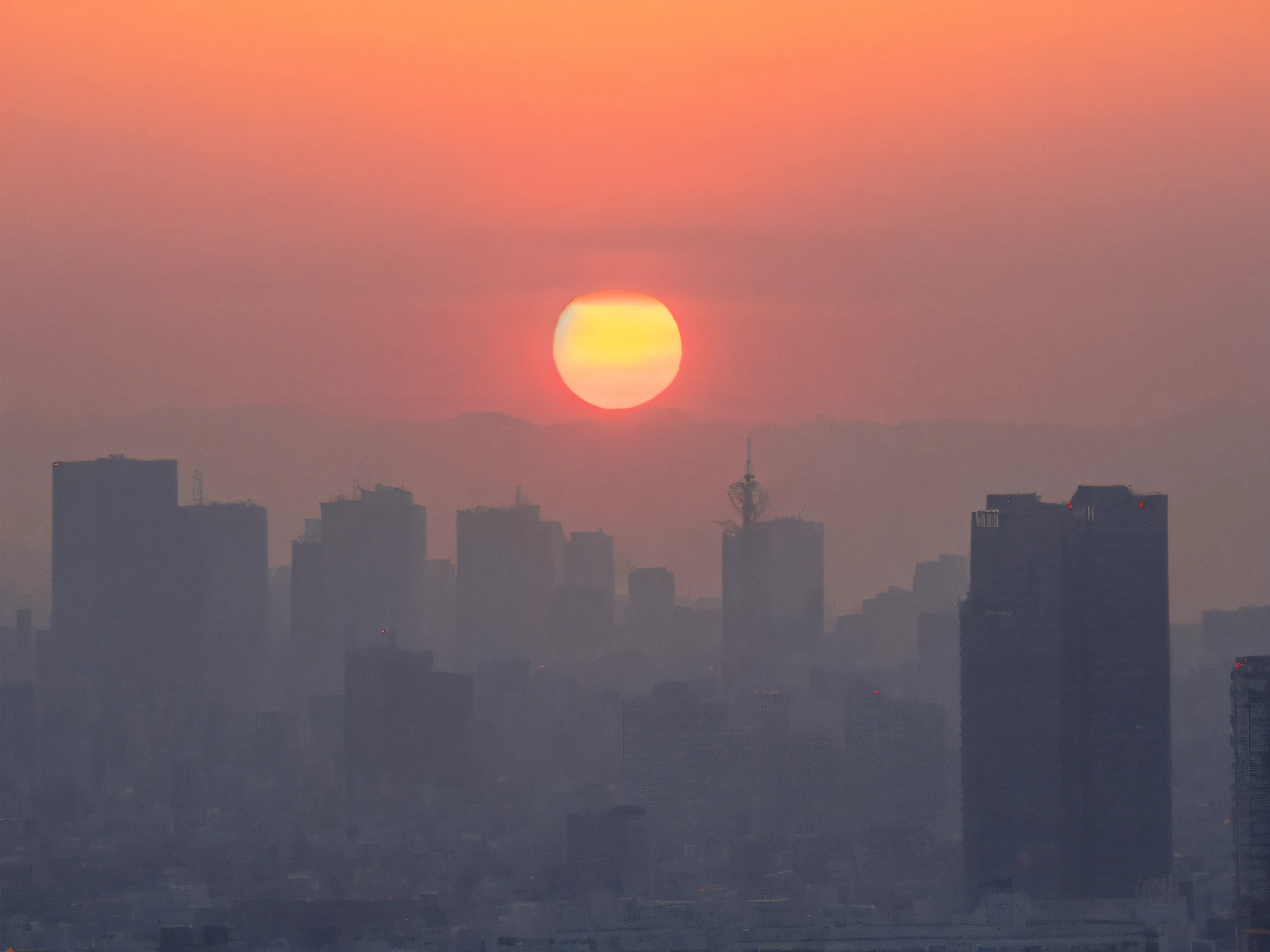 araffature of a city skyline with a plane flying in the air, city sunset, in a sunset haze, sunset kanagawa prefecture, golden hour in tokyo, sun and shadow over a city, vista of a city at sunset, sunrise over solar punk city, city sunset mist lights, the sun is setting, sun rise, dusty abandoned shinjuku